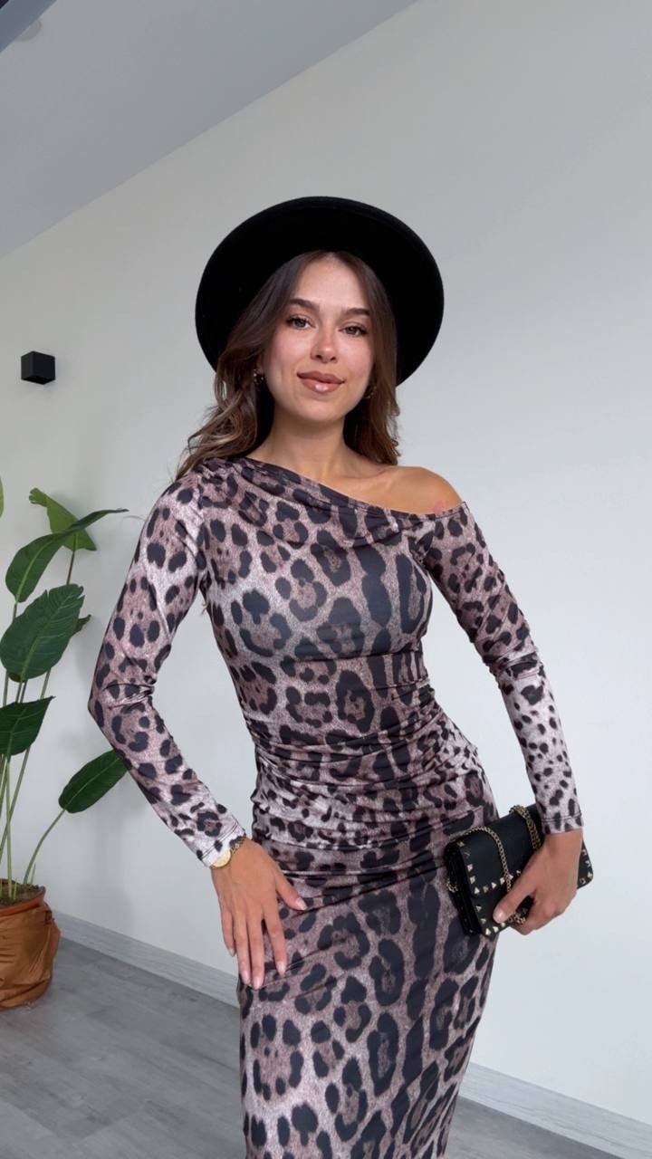 Tek Omuz Leopar Desenli Midi Elbise
