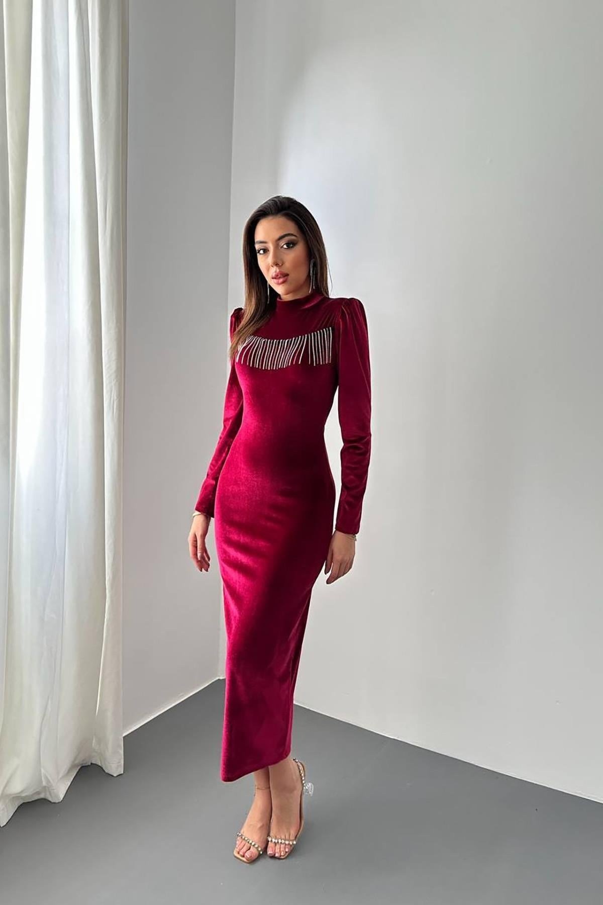 Toptan Bordo Kadife Işıltılı Elbise