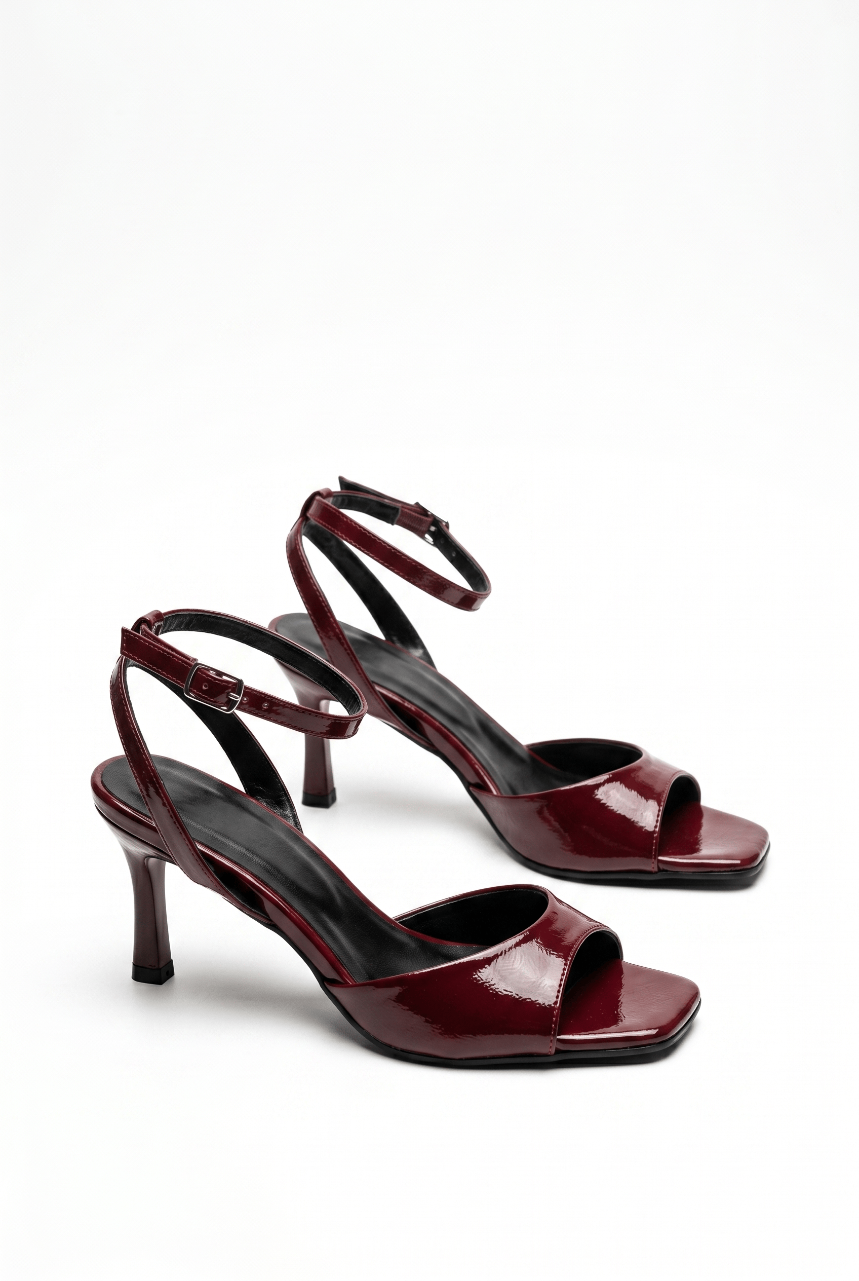  Kadın Bordo Bilekten Bağlamalı Küt Burun İnce Topuklu Stiletto Abiye Ayakkabı