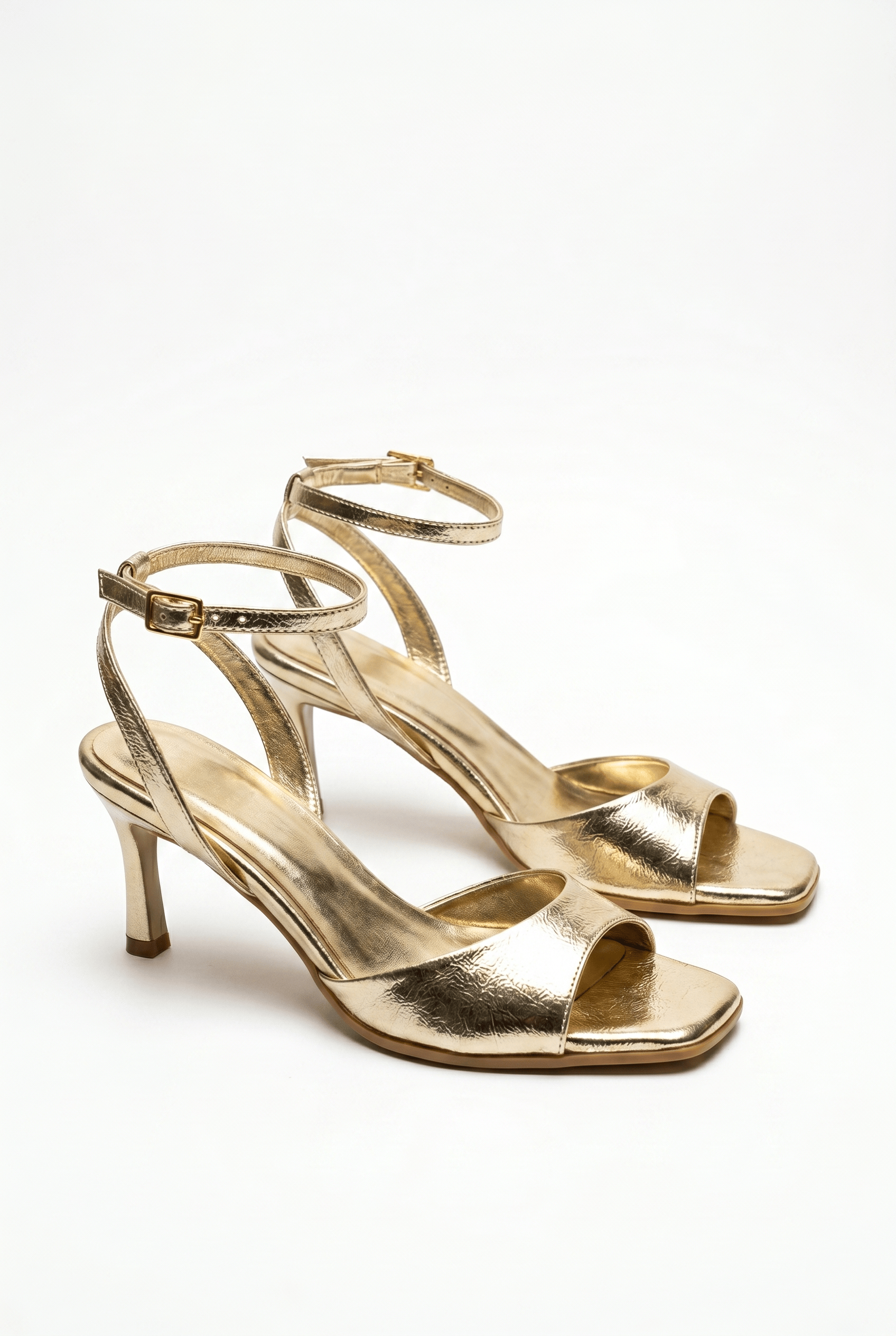  Kadın Gold Bilekten Bağlamalı Küt Burun İnce Topuklu Stiletto Abiye Ayakkabı