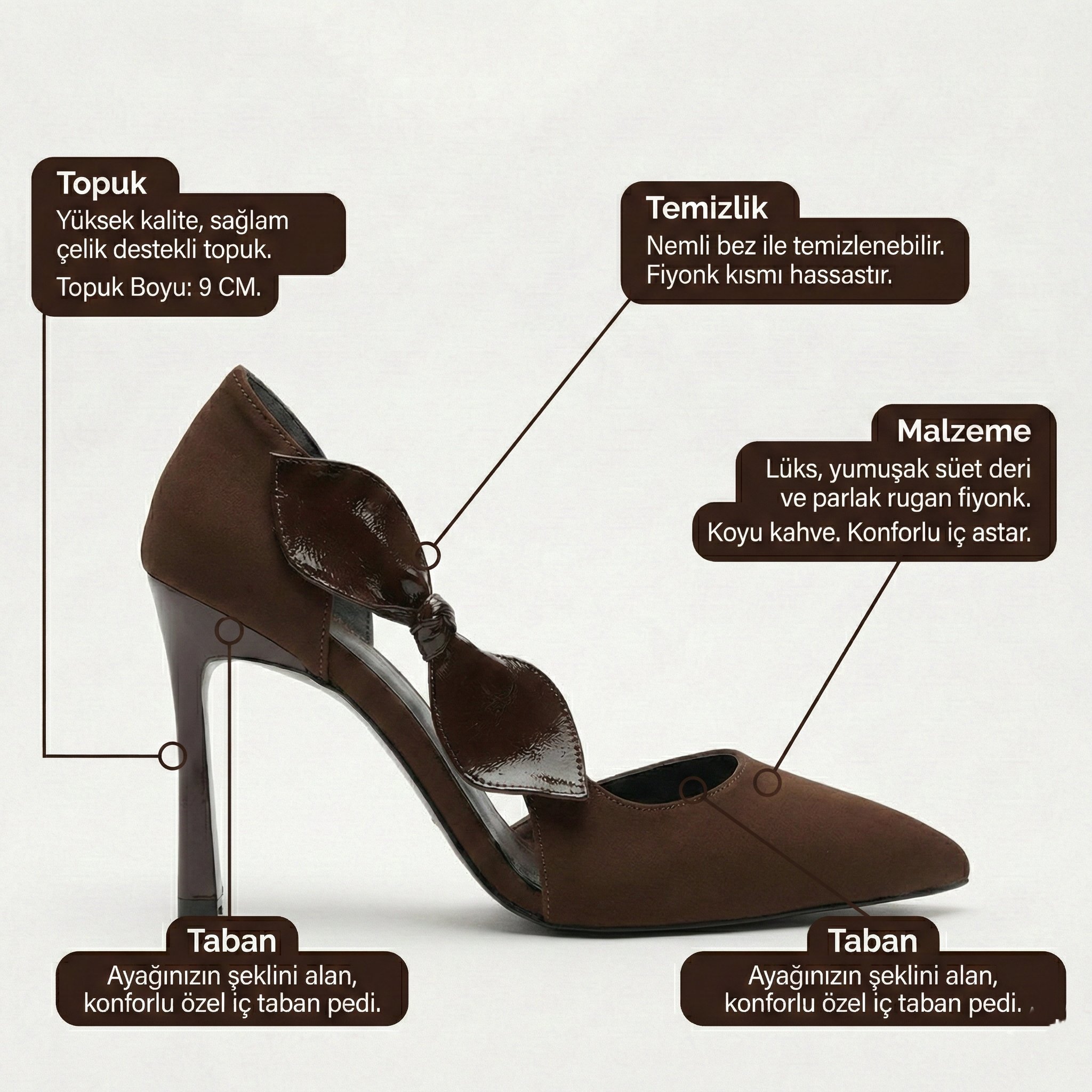  Kadın Kahverengi Saten Fiyonklu Sivri Burun 9 cm İnce Topuklu Stiletto Abiye Ayakkabı