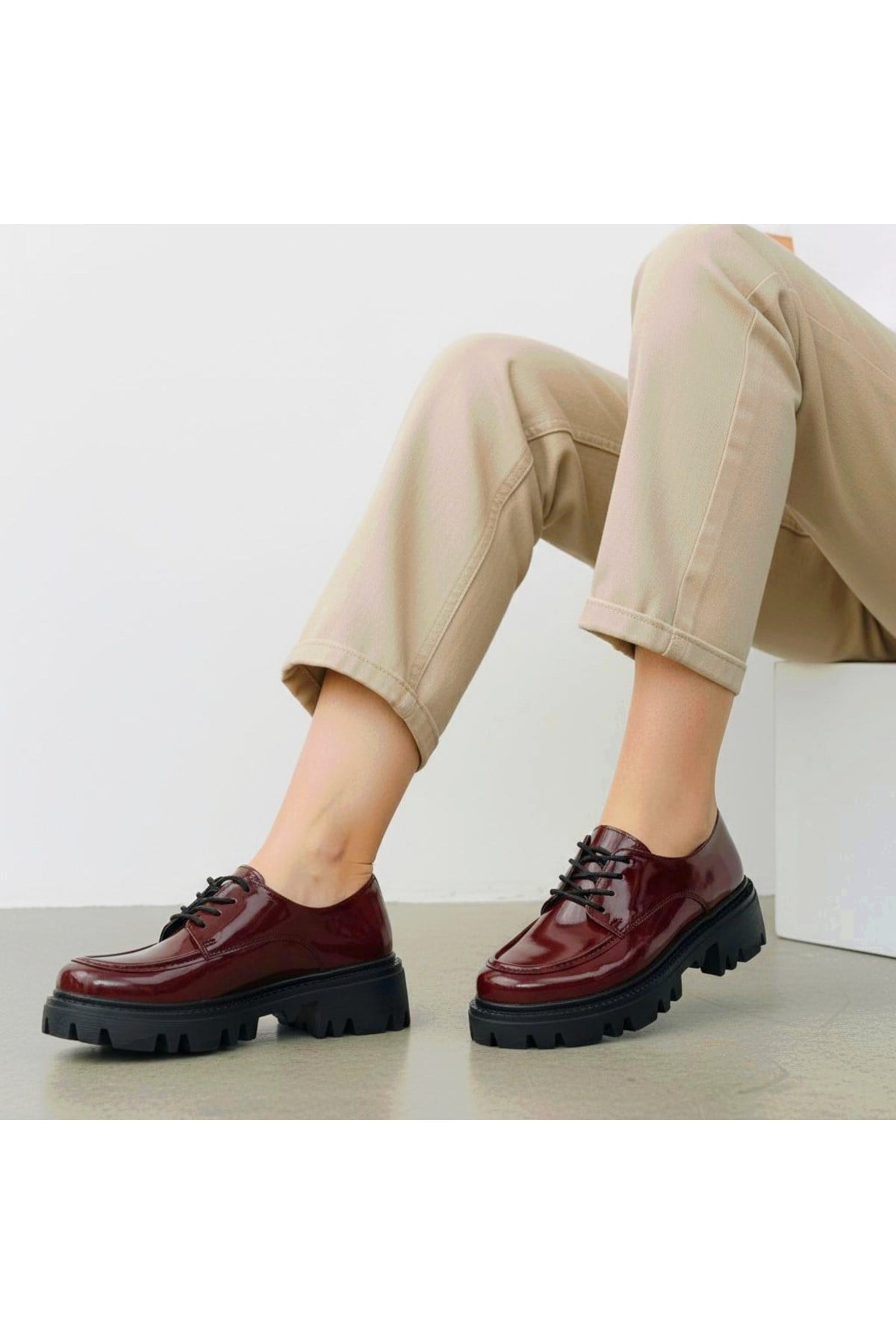 Kadın Bordo Rugan Bağcıklı Loafer Düz Taban Günlük Ofis Kadın Ayakkabı