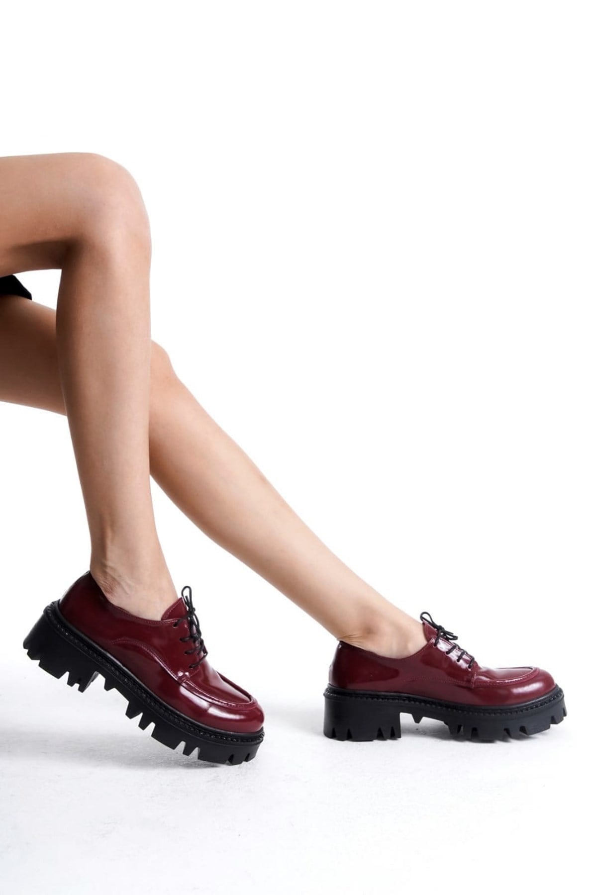 Kadın Bordo Rugan Bağcıklı Loafer Düz Taban Günlük Ofis Kadın Ayakkabı