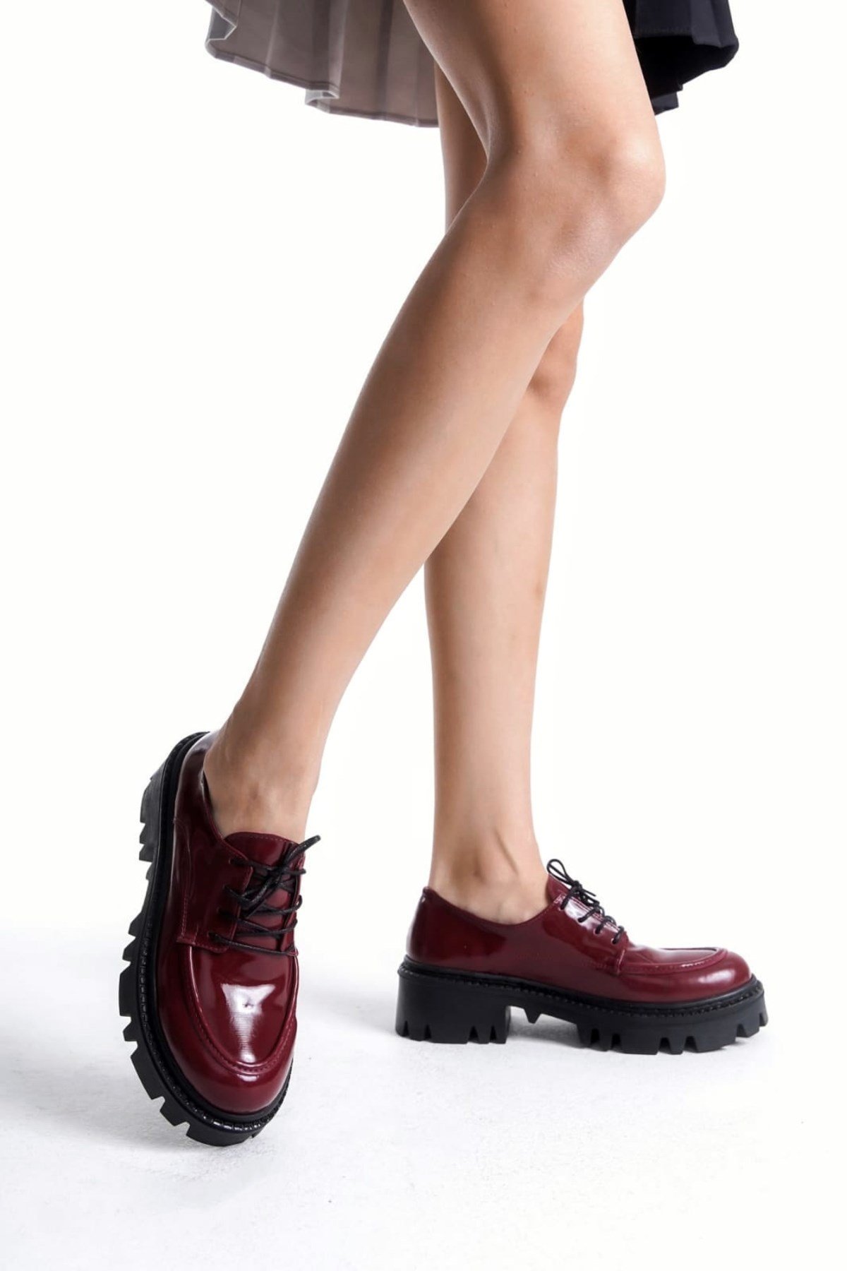Kadın Bordo Rugan Bağcıklı Loafer Düz Taban Günlük Ofis Kadın Ayakkabı