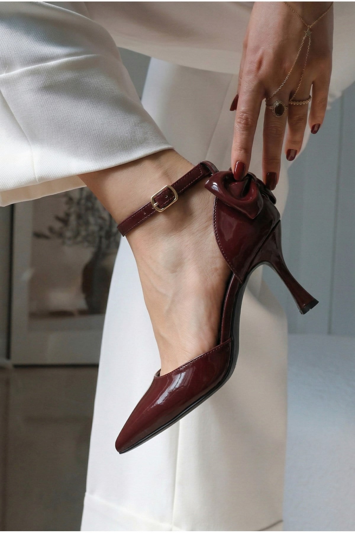 Kadın fiyonklu🎀 Abiye Rugan Topuklu 7cm şık Ayakkabı