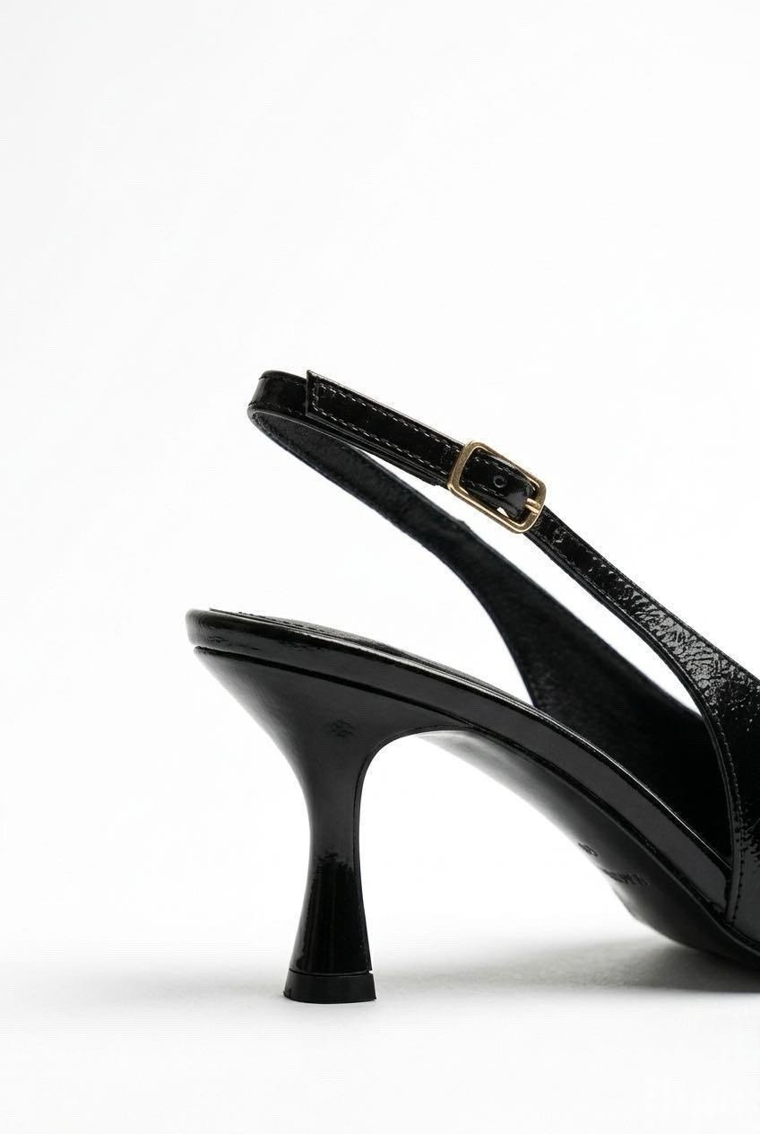 Kadın Rugan Tokalı Bantlı Arkası Açık Sivri Burun Stiletto Abiye Topuklu Ayakkabı