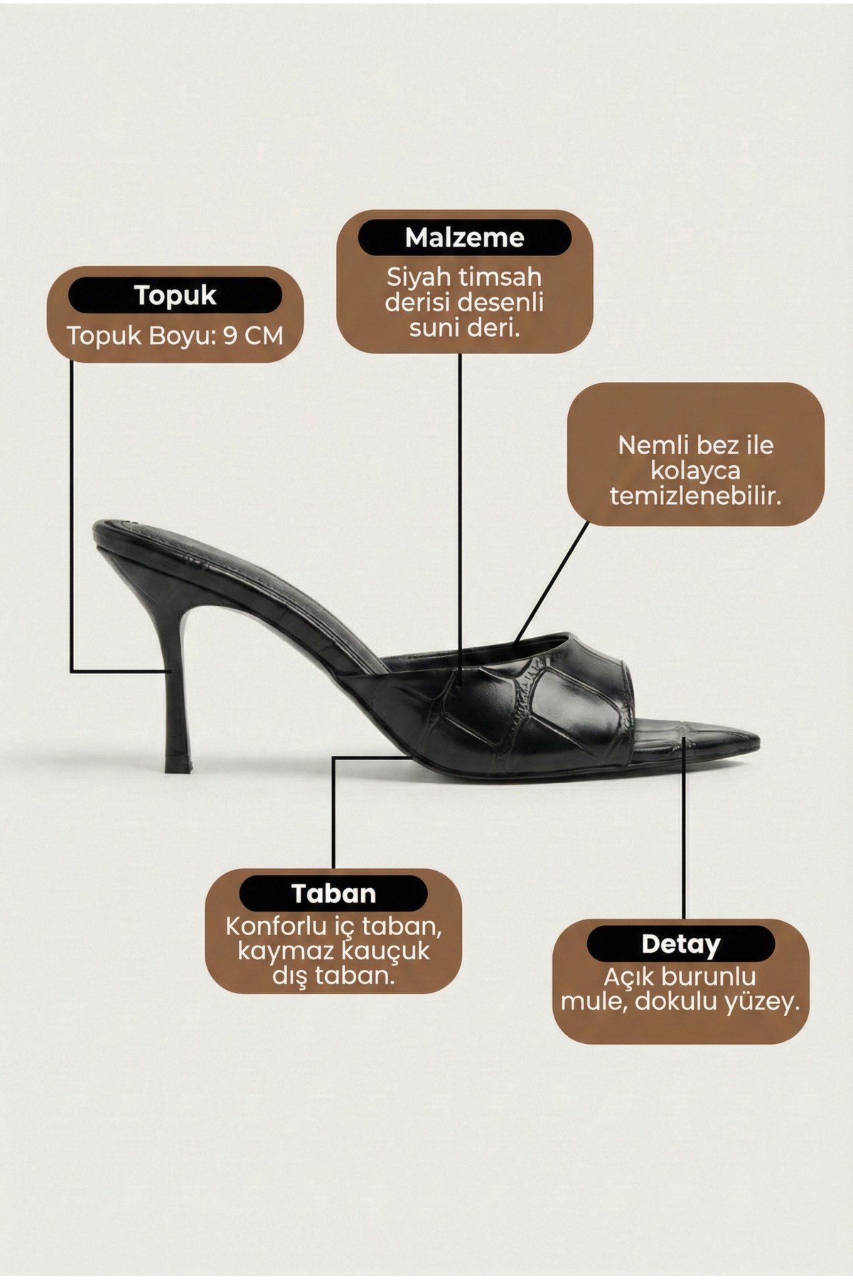 Kadın Siyah Kroko Rugan Sivri Burun Tek Bantlı Stiletto Topuklu Terlik Abiye Ayakkabı