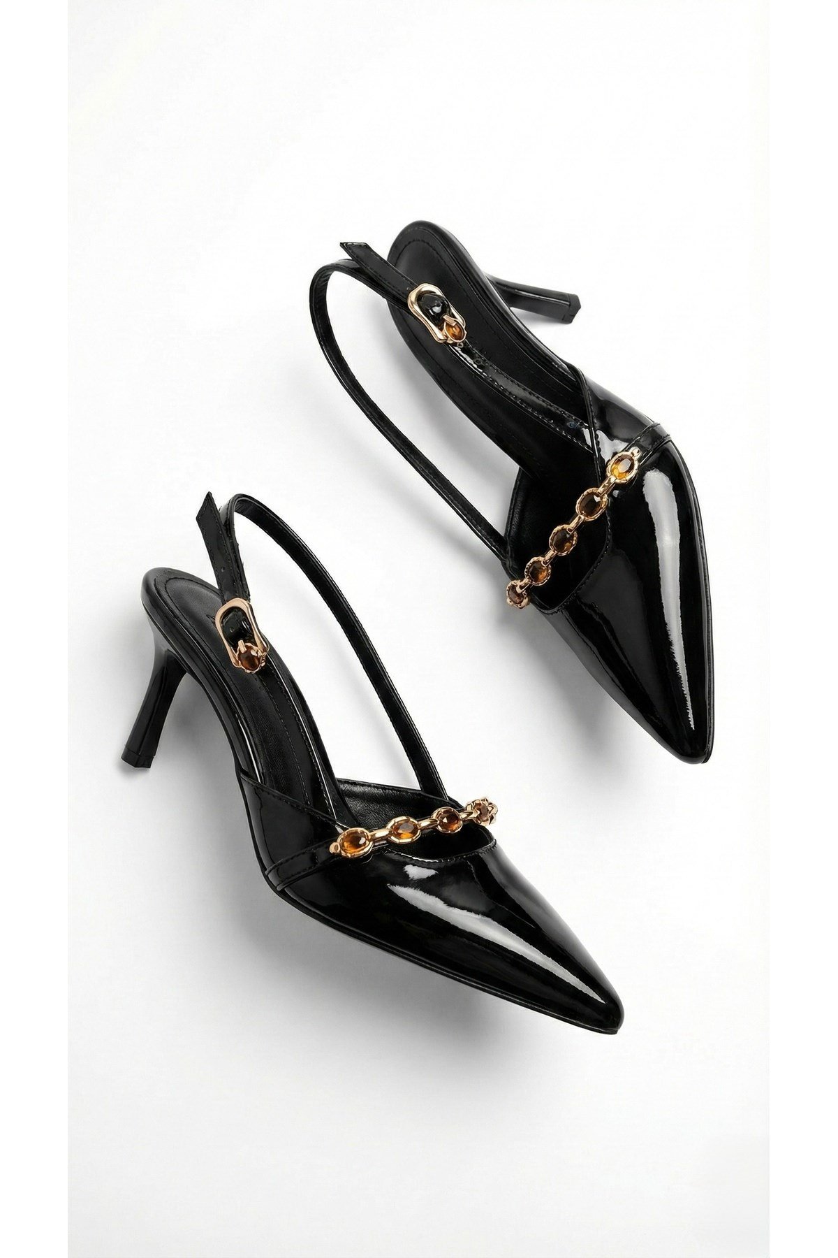 Kadın Taşlı Bantlı Arkası Açık Kadeh Topuklu Sivri Burun Abiye Stiletto Ayakkabı
