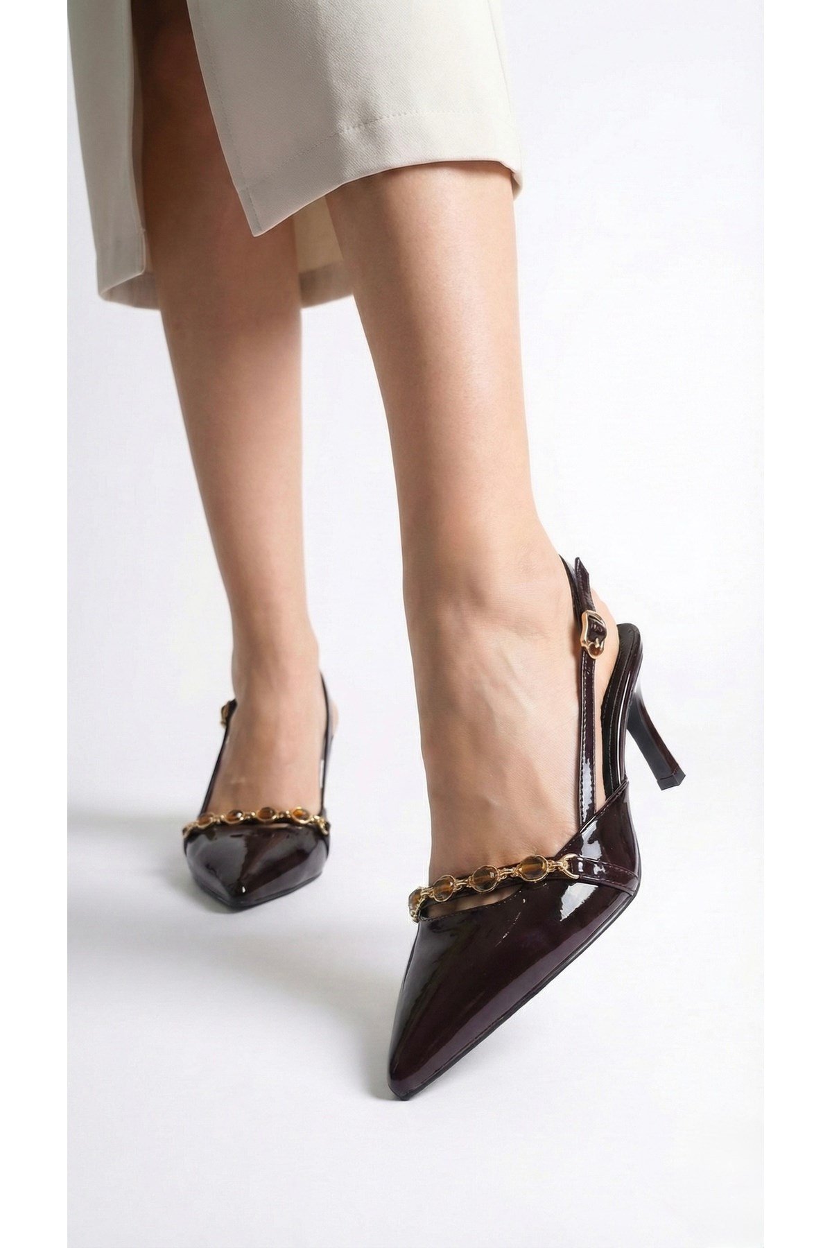 Kadın Taşlı Bantlı Arkası Açık Kadeh Topuklu Sivri Burun Abiye Stiletto Ayakkabı