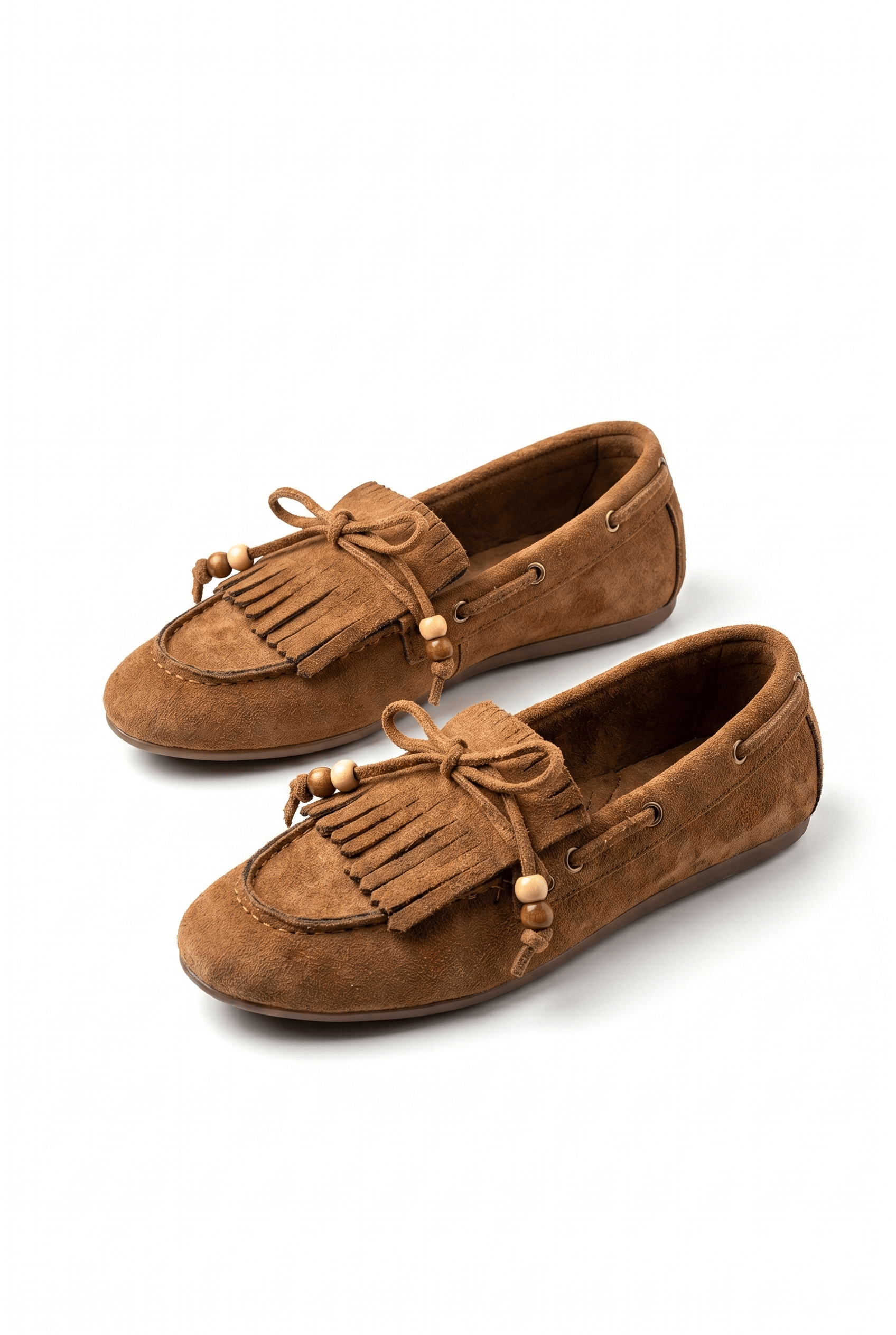 Püsküllü Boncuk Detaylı Taba Süet Makosen Loafer Ayakkabı