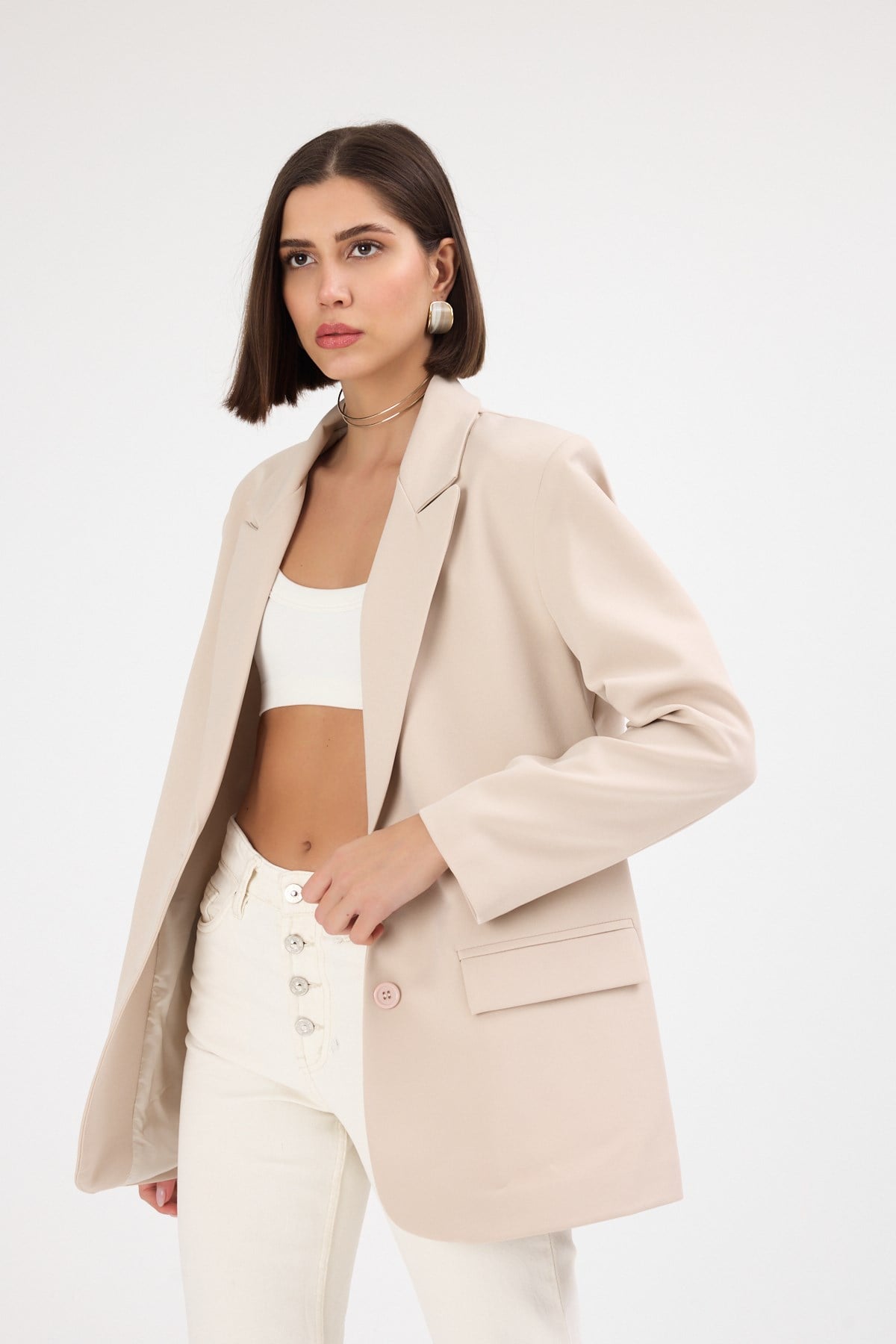 Kadın Oversize Bej Blazer Ceket