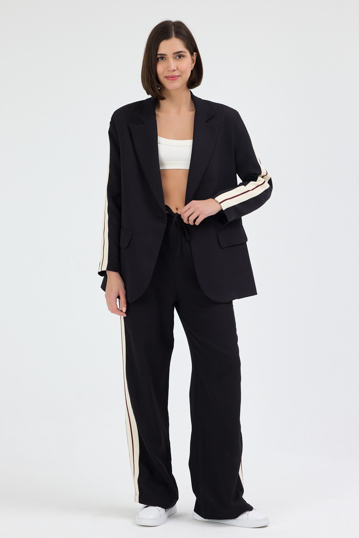 Kadın Yan Şerit Detaylı Oversize Blazer Ceket & Palazzo Siyah Takım