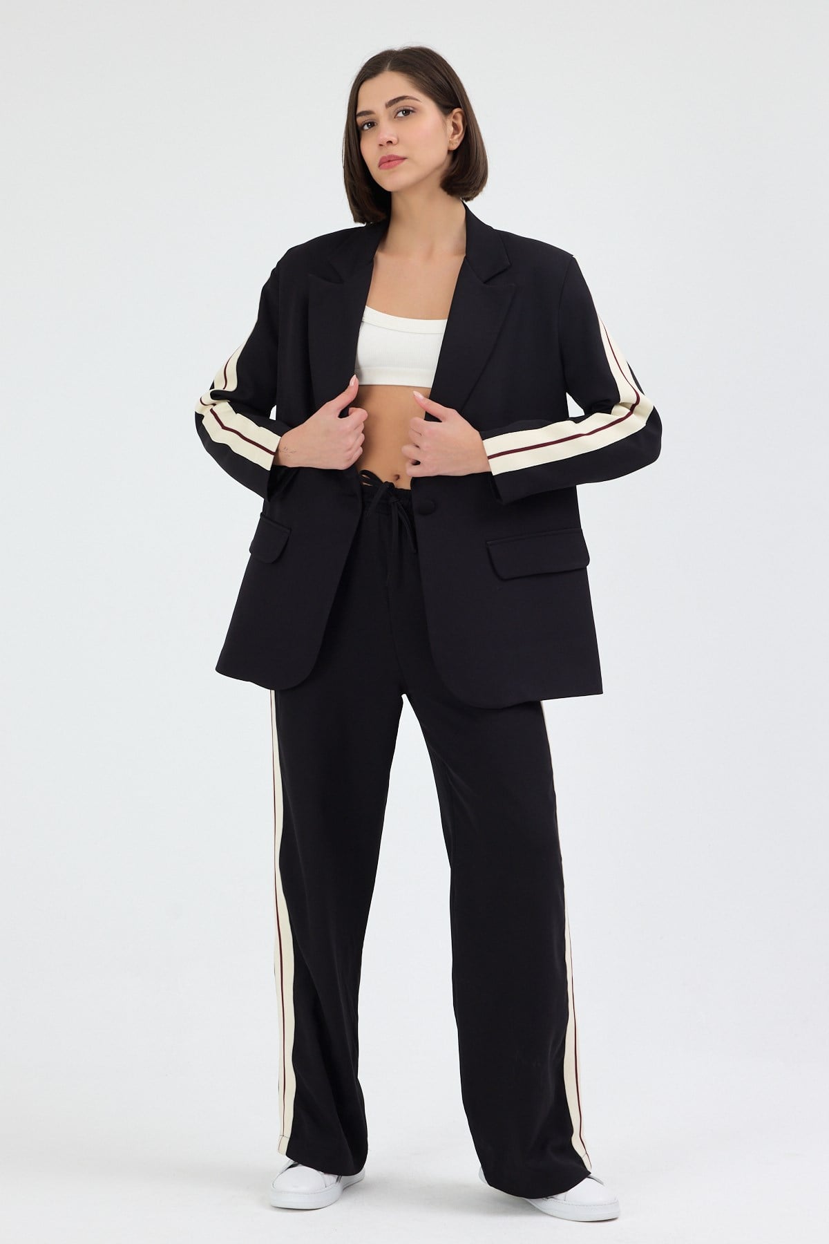 Kadın Yan Şerit Detaylı Oversize Blazer Ceket & Palazzo Siyah Takım