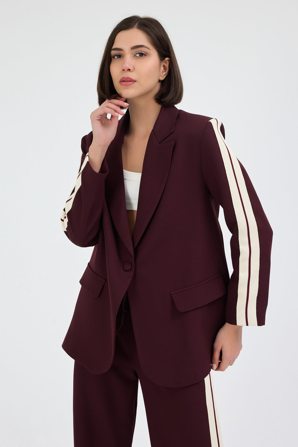Kadın Yan Şerit Detaylı Oversize Blazer Ceket & Palazzo Mürdüm Takım