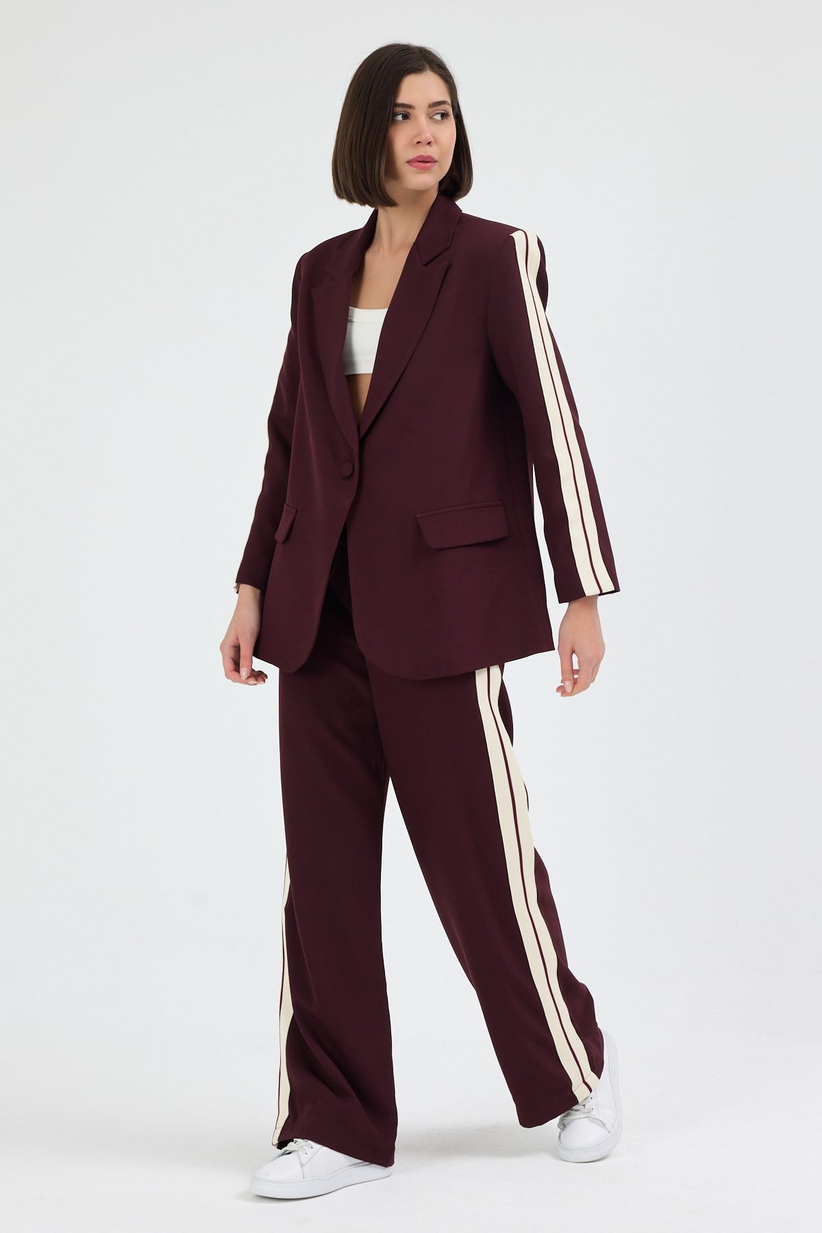 Kadın Yan Şerit Detaylı Oversize Blazer Ceket & Palazzo Mürdüm Takım