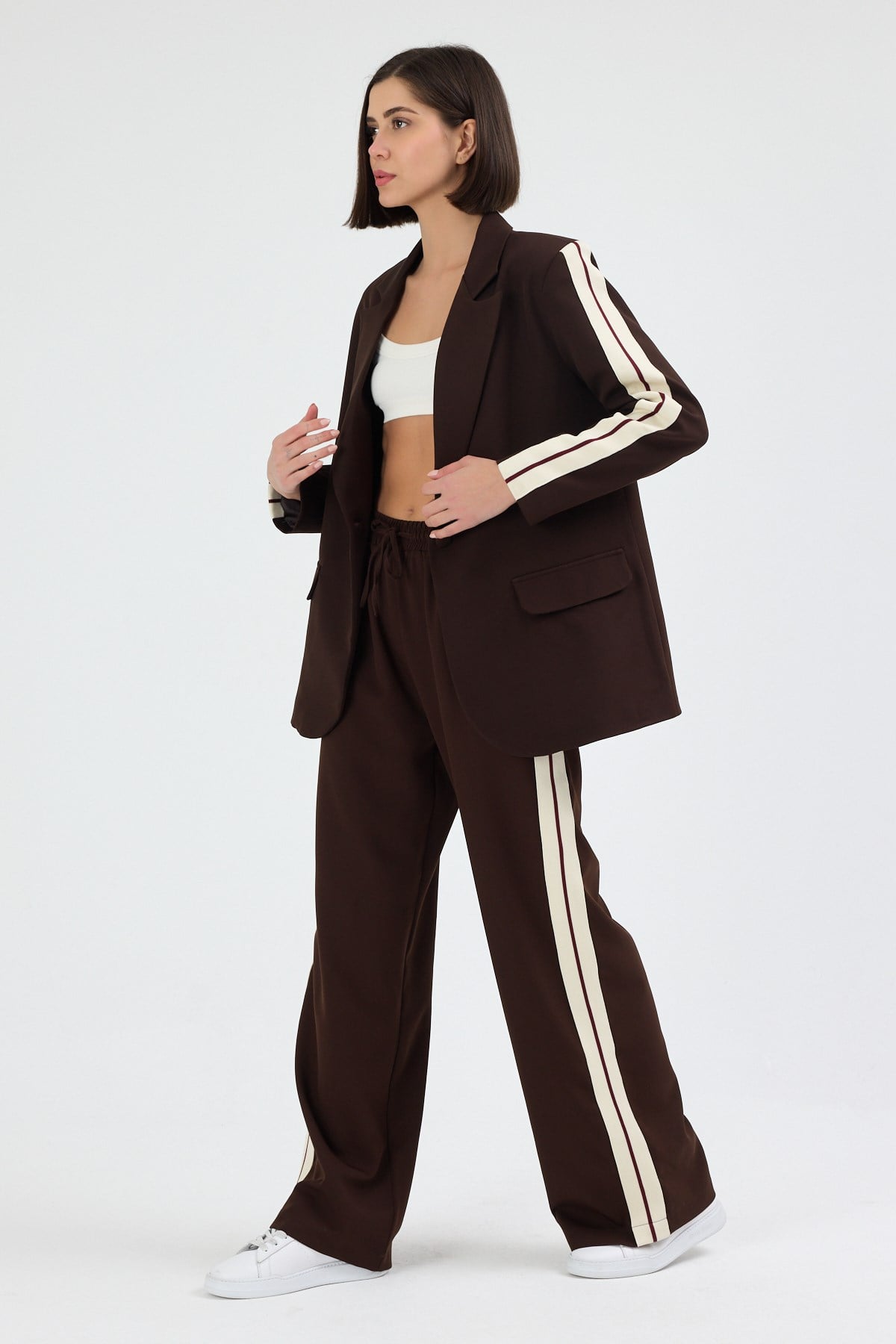 Kadın Yan Şerit Detaylı Oversize Blazer Ceket & Palazzo Kahverengi Takım