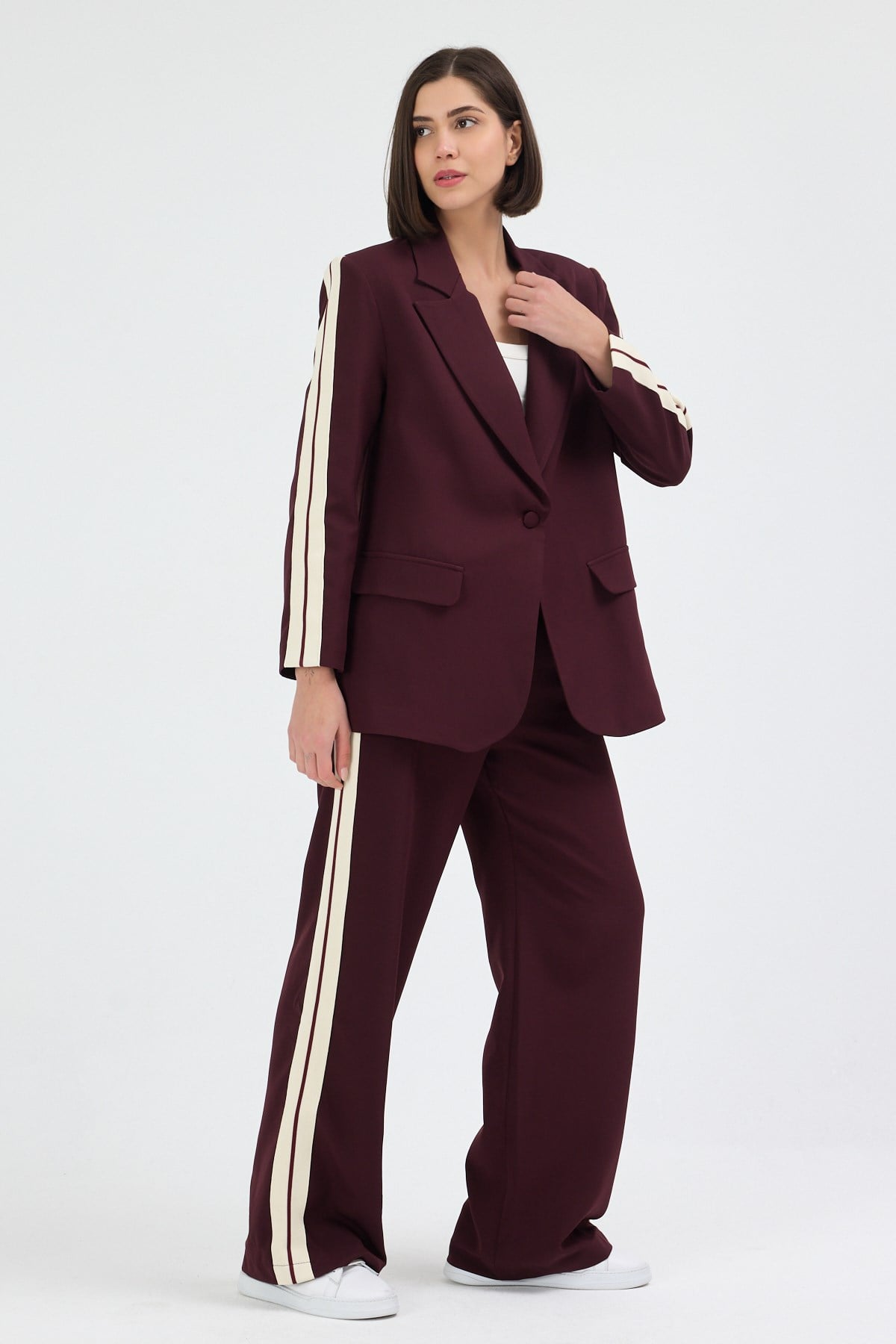 Kadın Yan Şerit Detaylı Oversize Blazer Ceket & Palazzo Mürdüm Takım