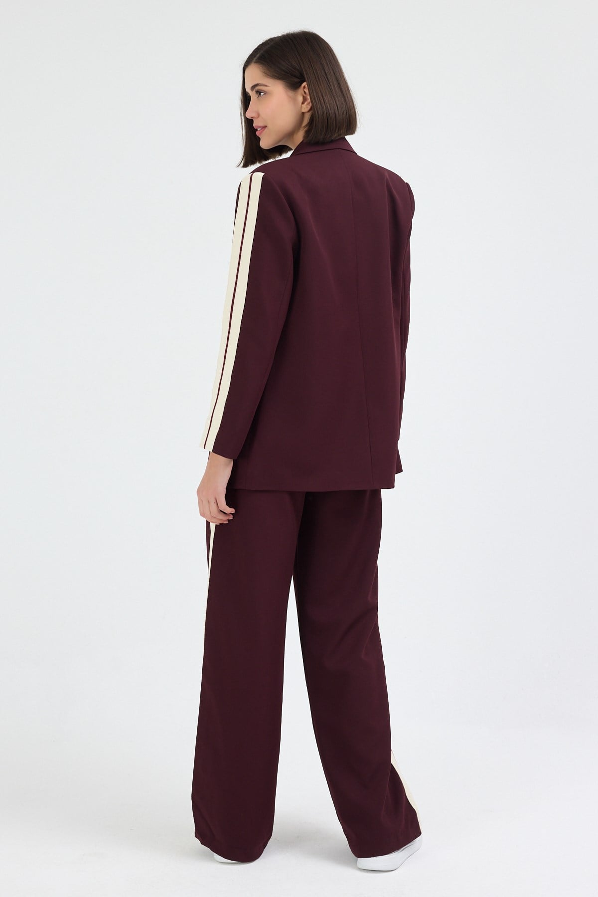Kadın Yan Şerit Detaylı Oversize Blazer Ceket & Palazzo Mürdüm Takım