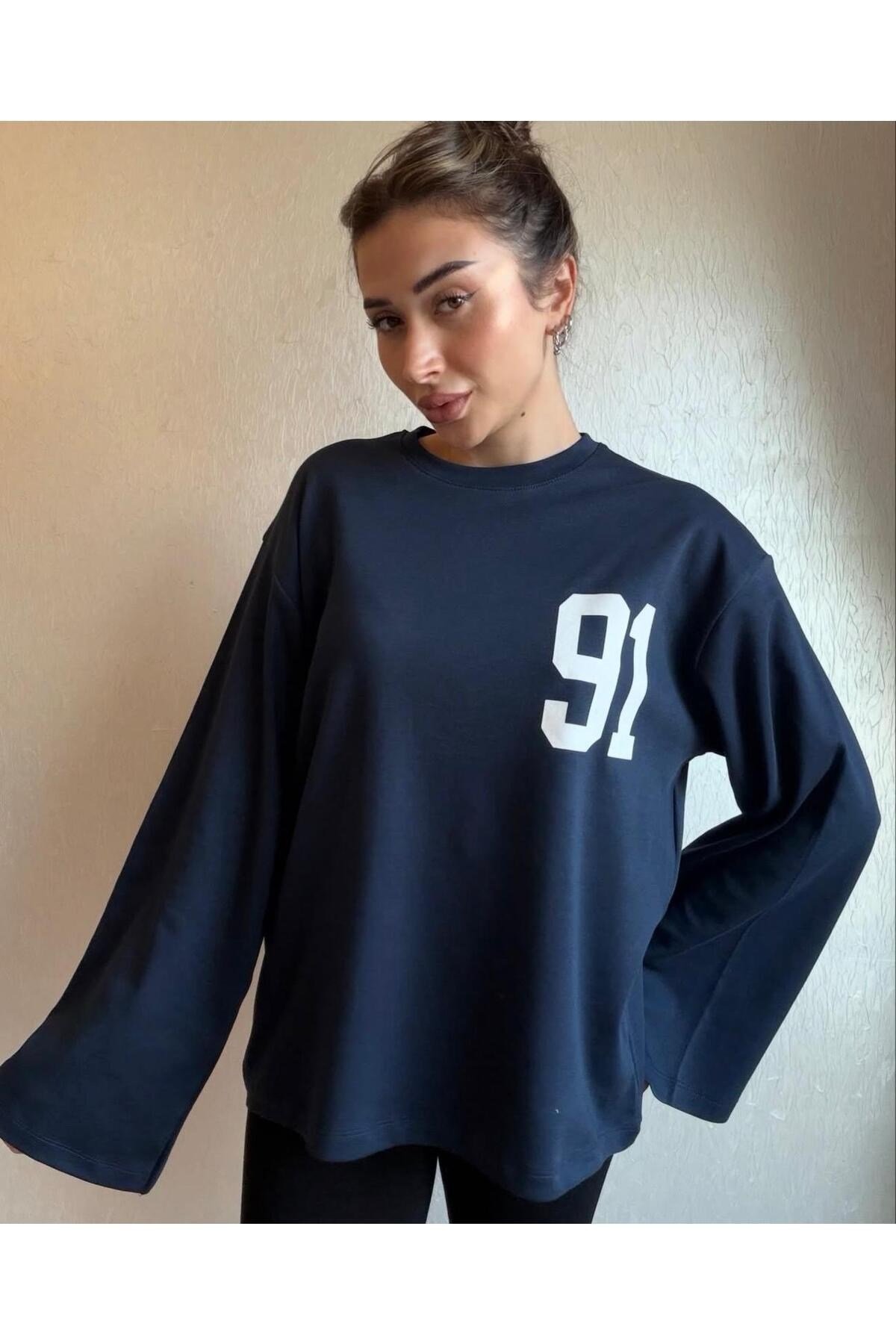 91 Baskılı Oversize Uzun Kollu Sweatshirt