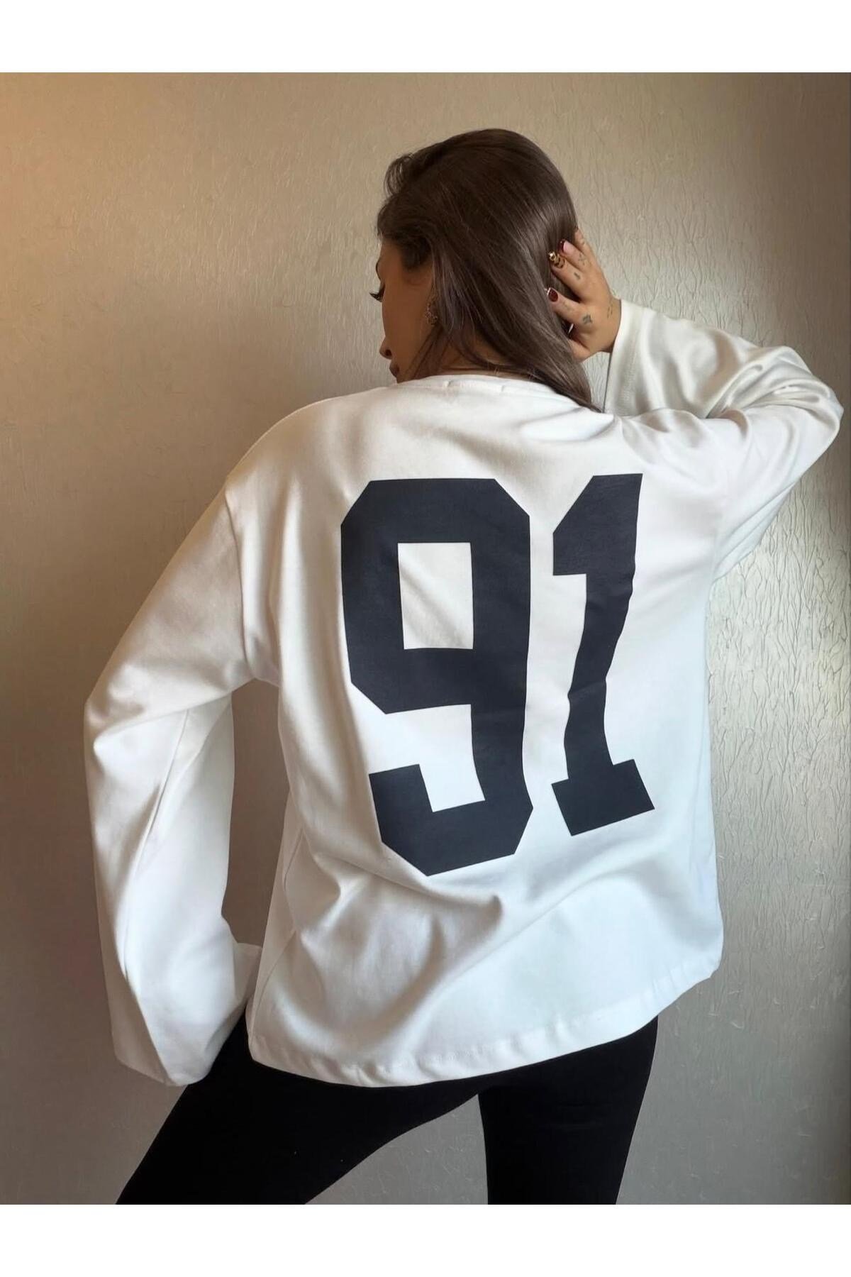 91 Baskılı Oversize Uzun Kollu Sweatshirt