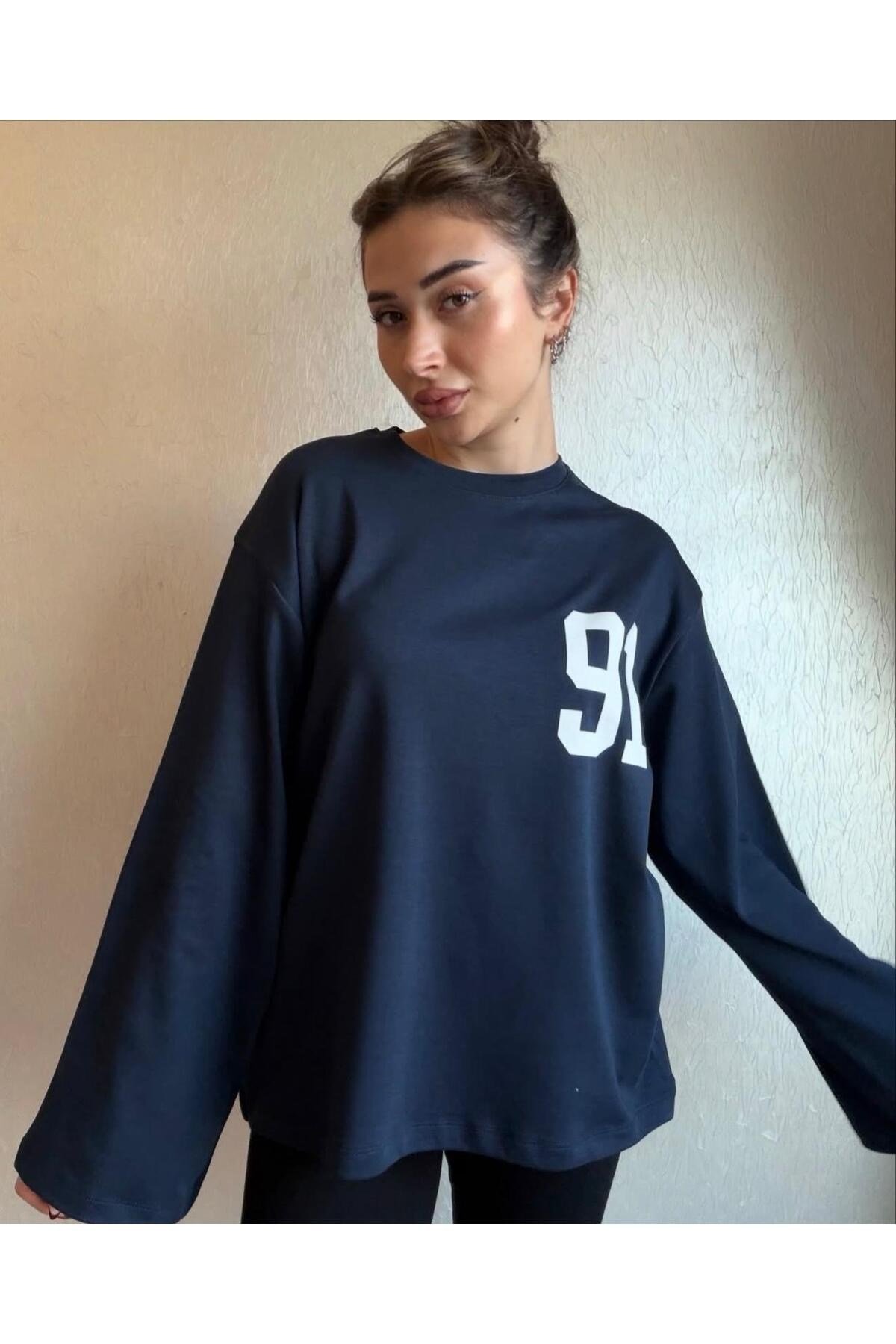 91 Baskılı Oversize Uzun Kollu Sweatshirt