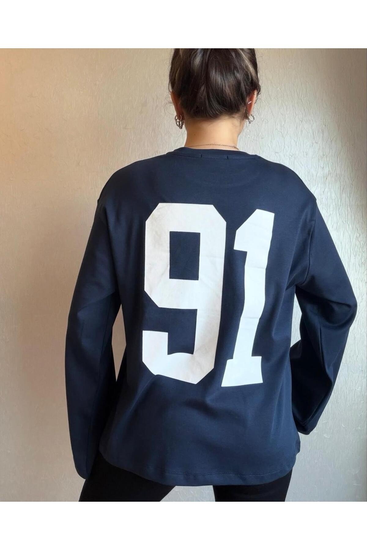 91 Baskılı Oversize Uzun Kollu Sweatshirt