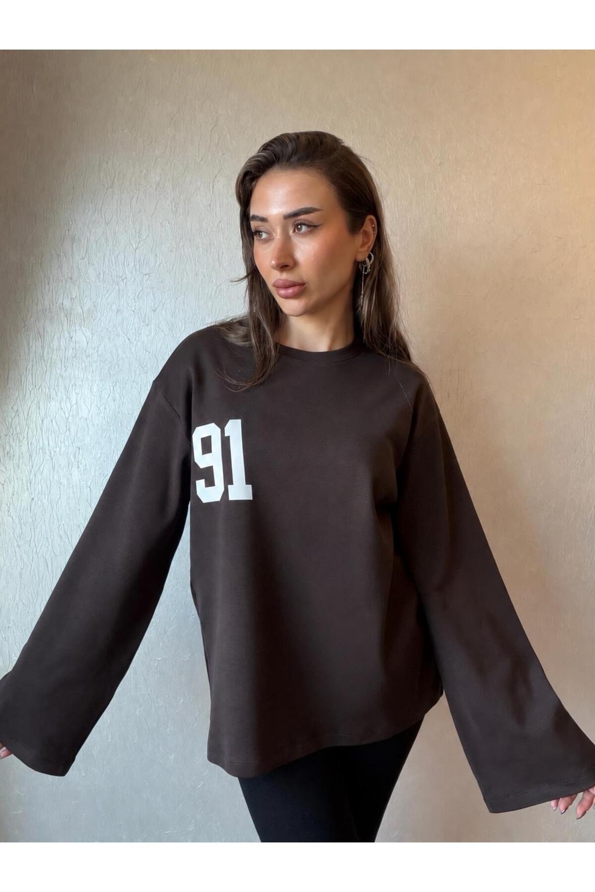 91 Baskılı Oversize Uzun Kollu Sweatshirt