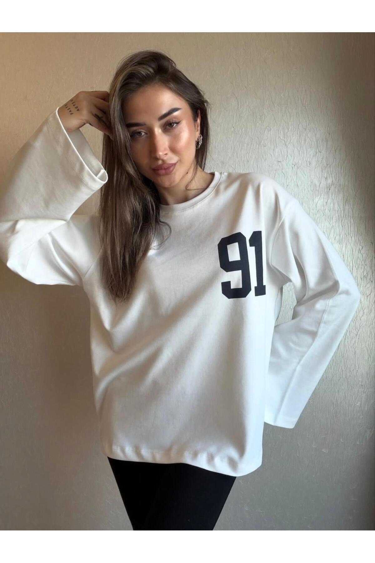 91 Baskılı Oversize Uzun Kollu Sweatshirt
