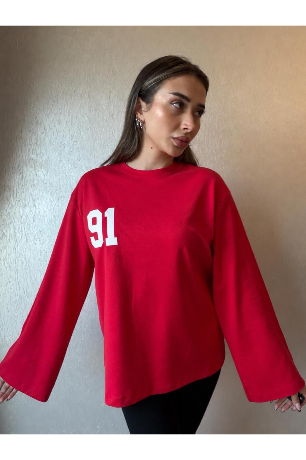 91 Baskılı Oversize Uzun Kollu Sweatshirt
