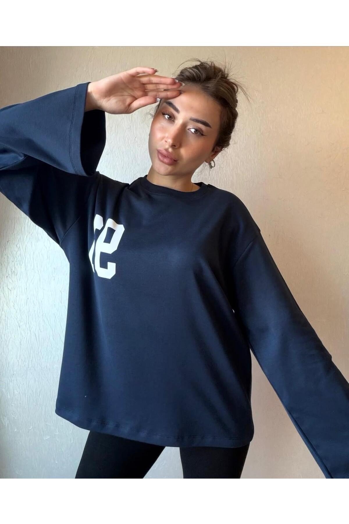 91 Baskılı Oversize Uzun Kollu Sweatshirt