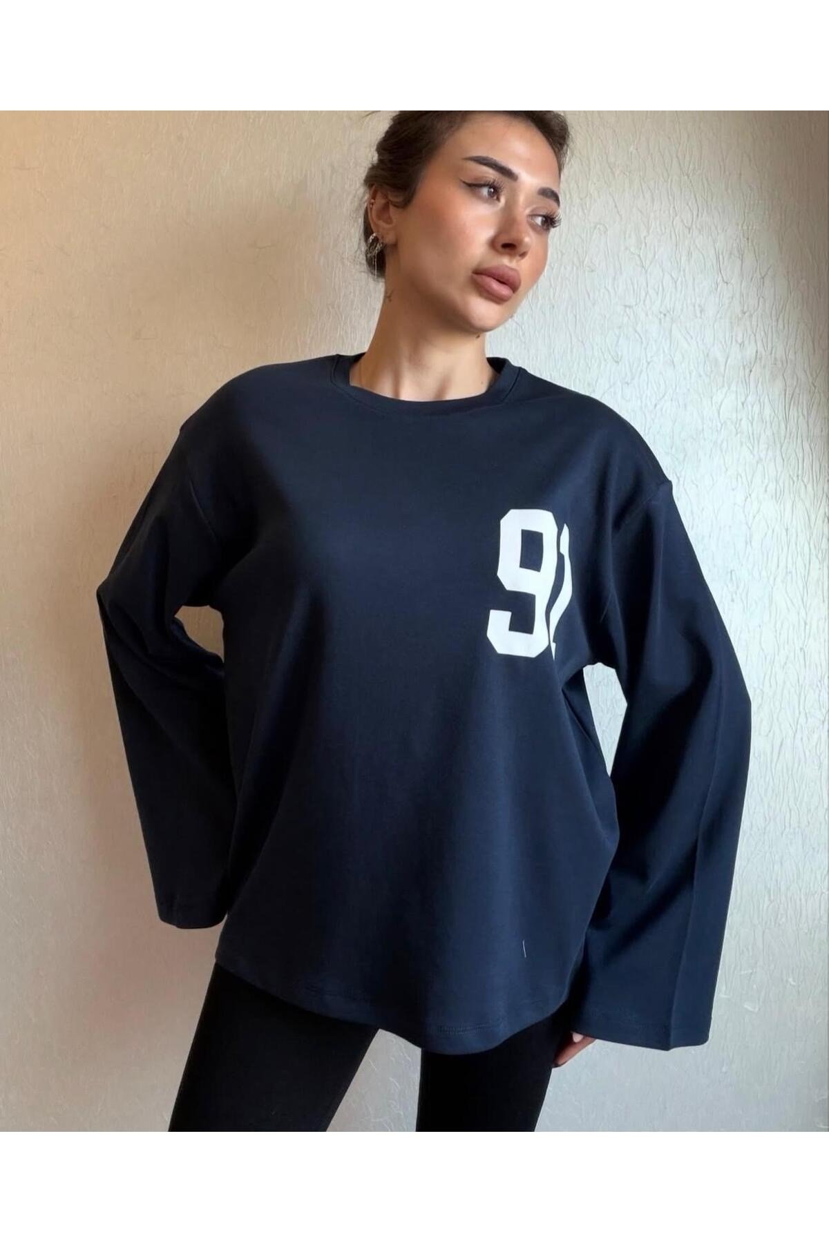 91 Baskılı Oversize Uzun Kollu Sweatshirt