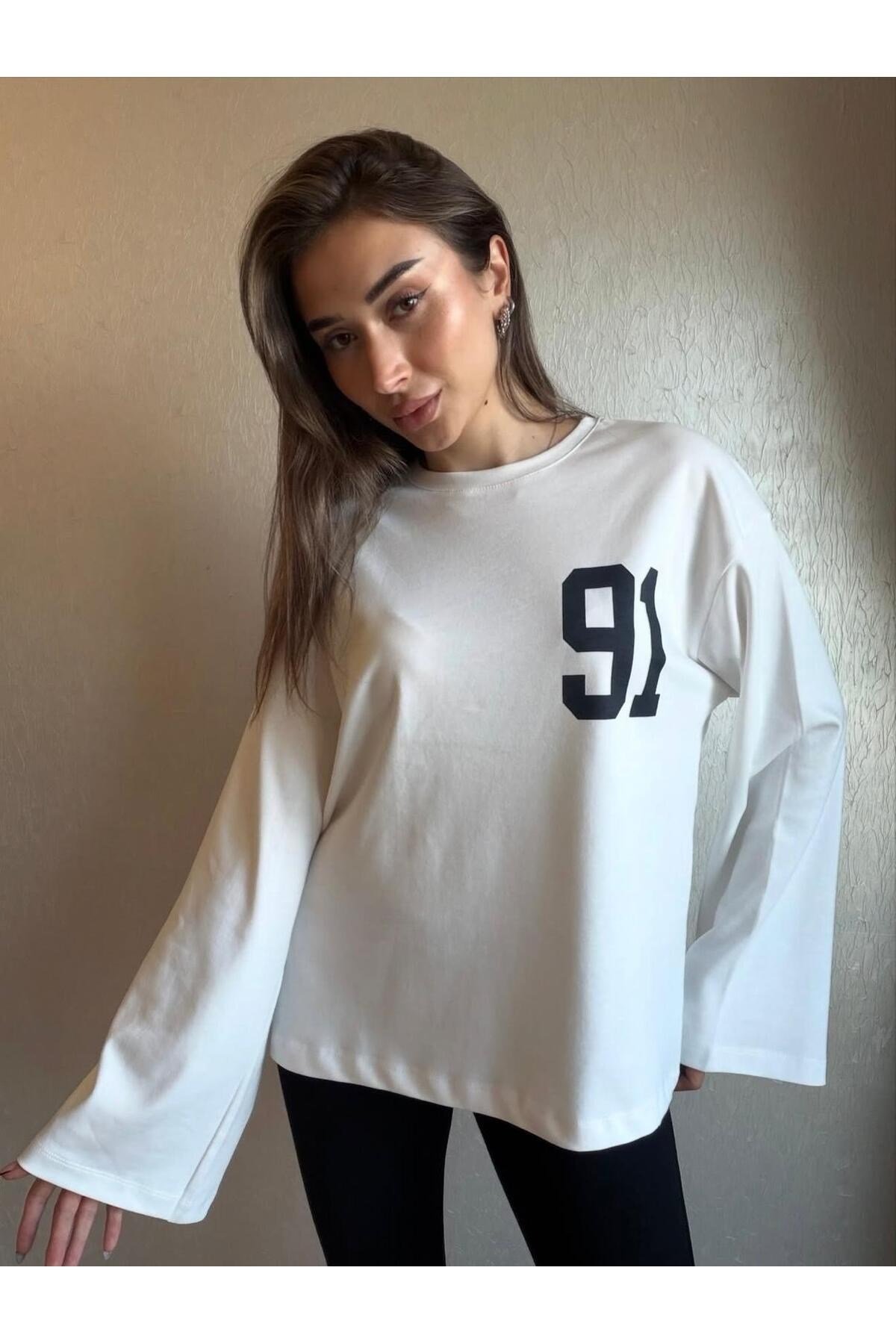 91 Baskılı Oversize Uzun Kollu Sweatshirt