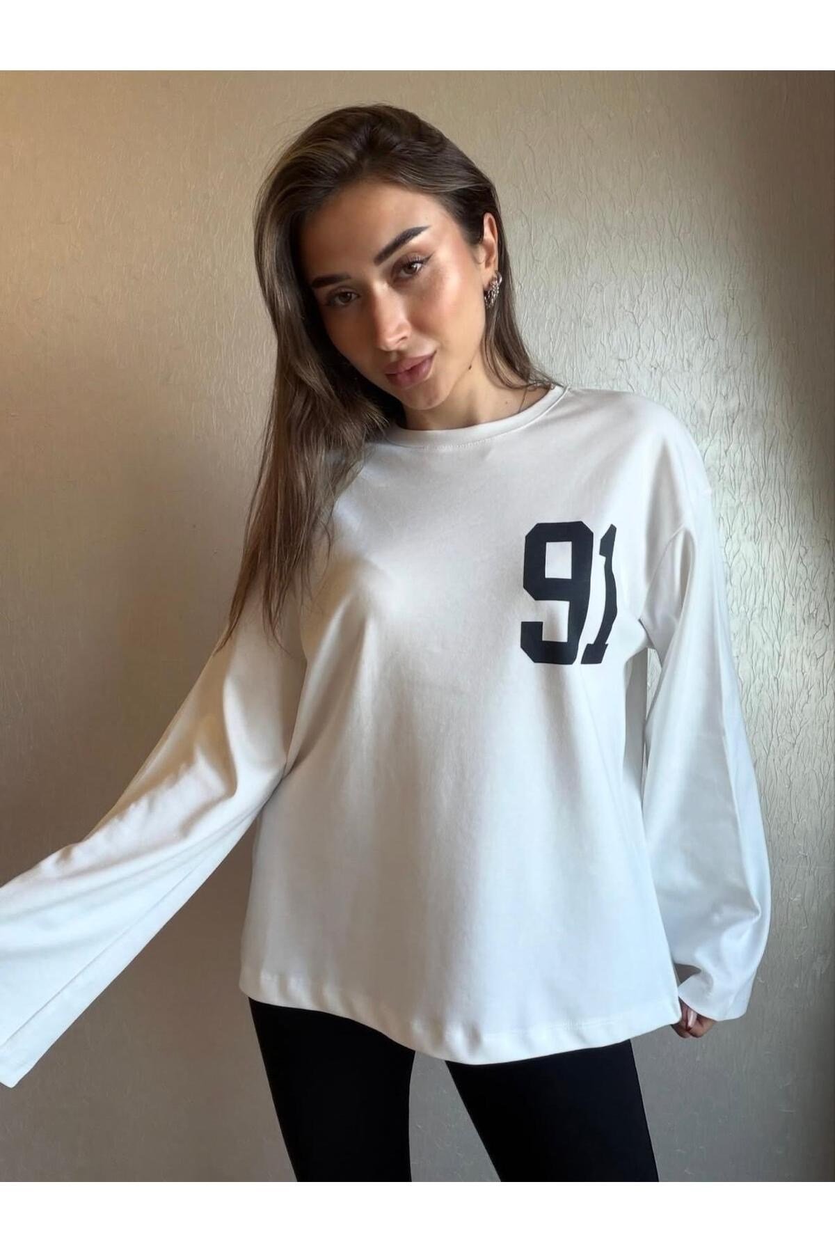 91 Baskılı Oversize Uzun Kollu Sweatshirt