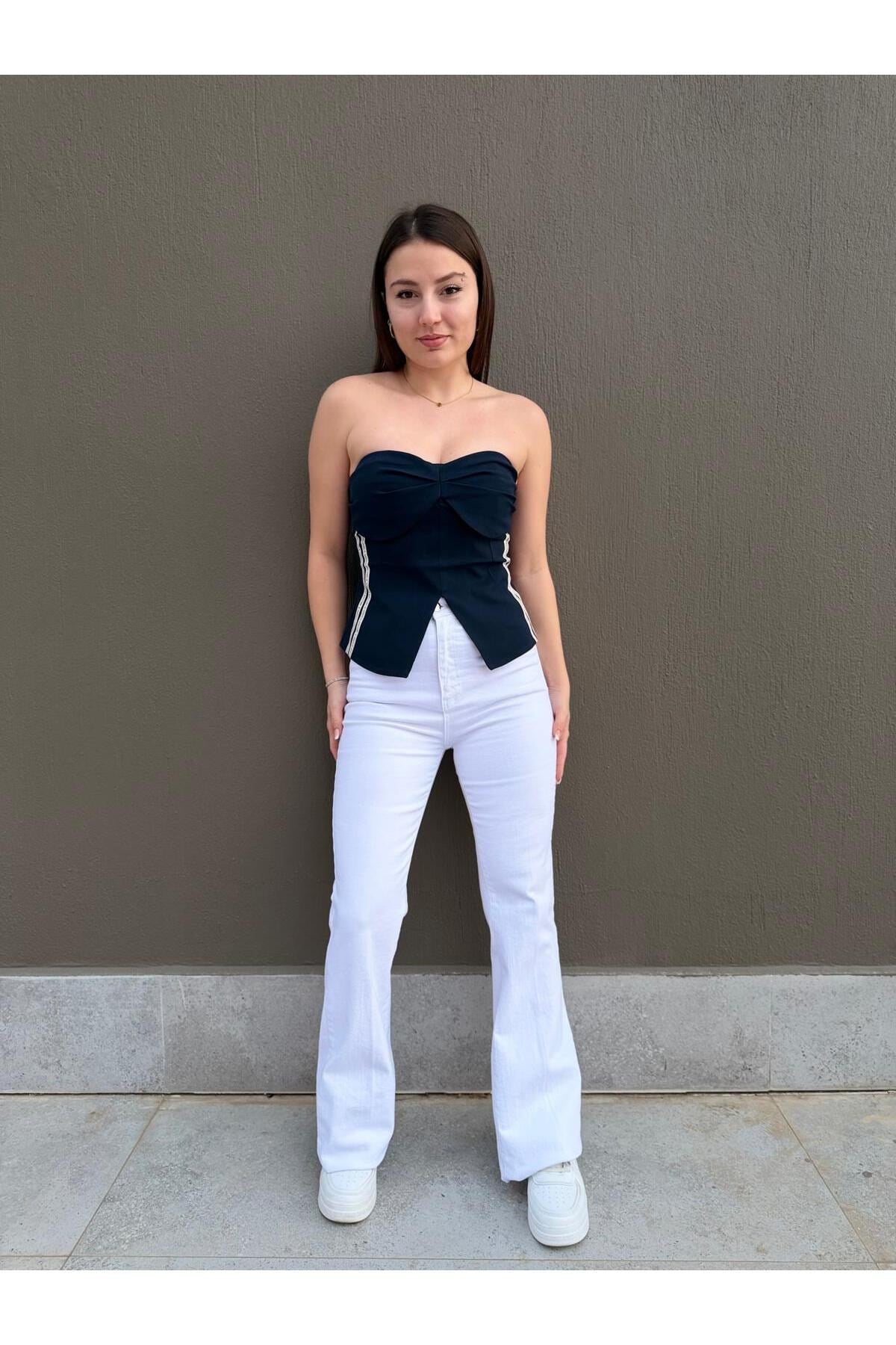 Beyaz İspanyol Paça Jean Pantolon – Yüksek Bel Kadın Denim Pantolon