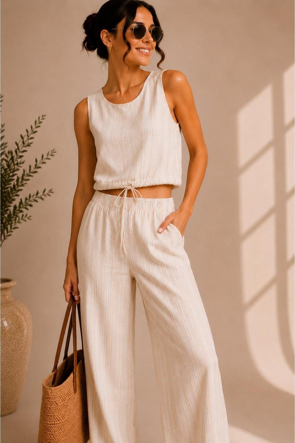 Çizgili Keten Görünümlü Crop Bluz Pantolon Takımı