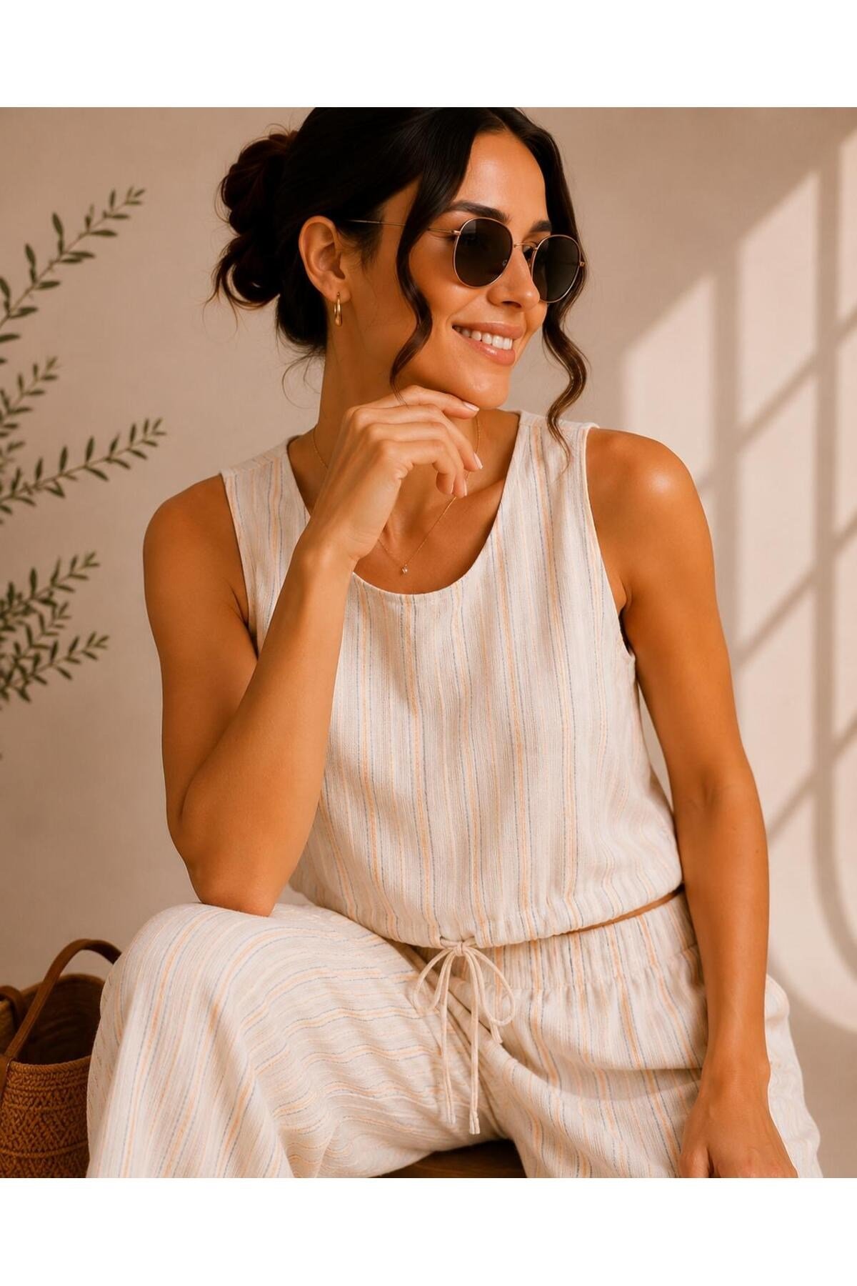 Çizgili Keten Görünümlü Crop Bluz Pantolon Takımı