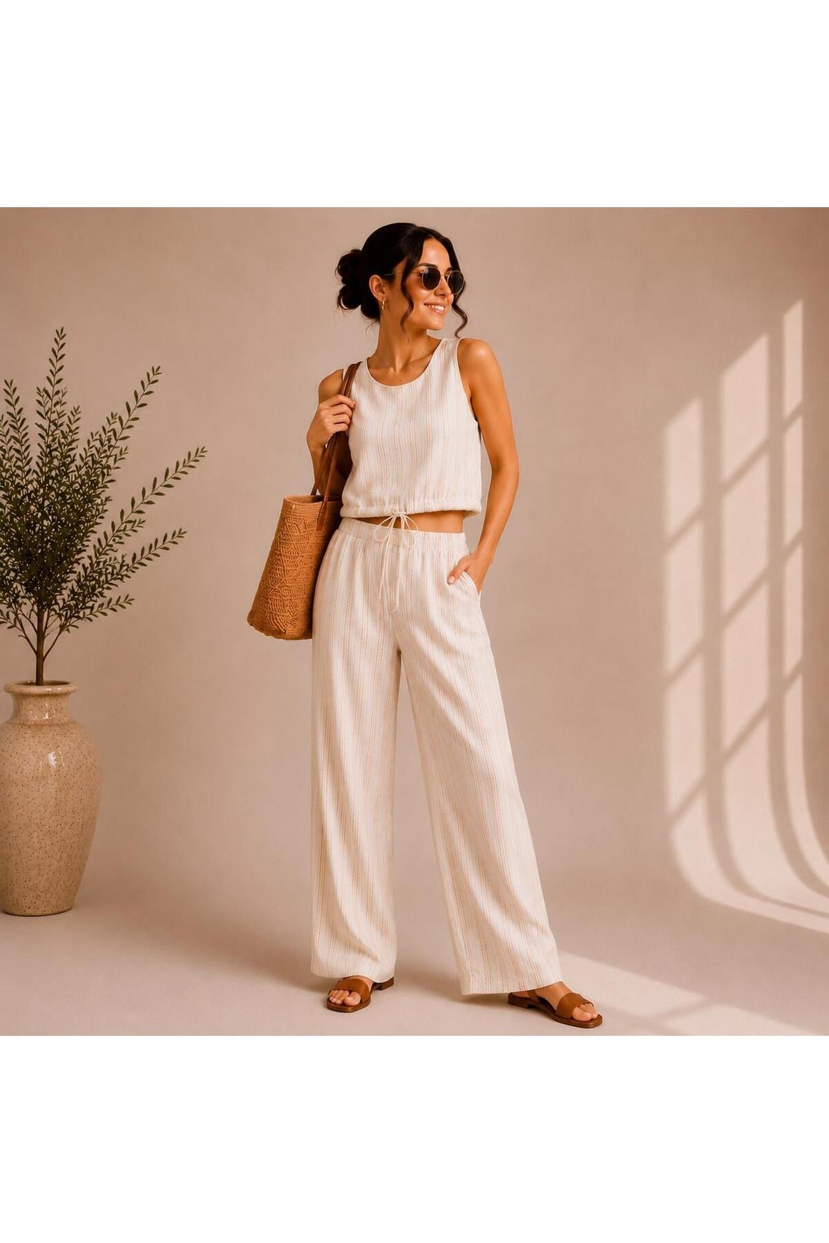 Çizgili Keten Görünümlü Crop Bluz Pantolon Takımı