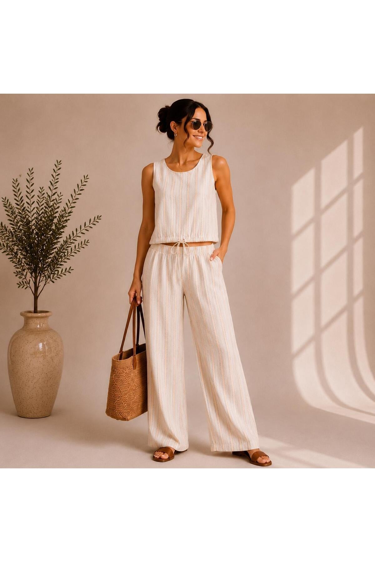 Çizgili Keten Görünümlü Crop Bluz Pantolon Takımı