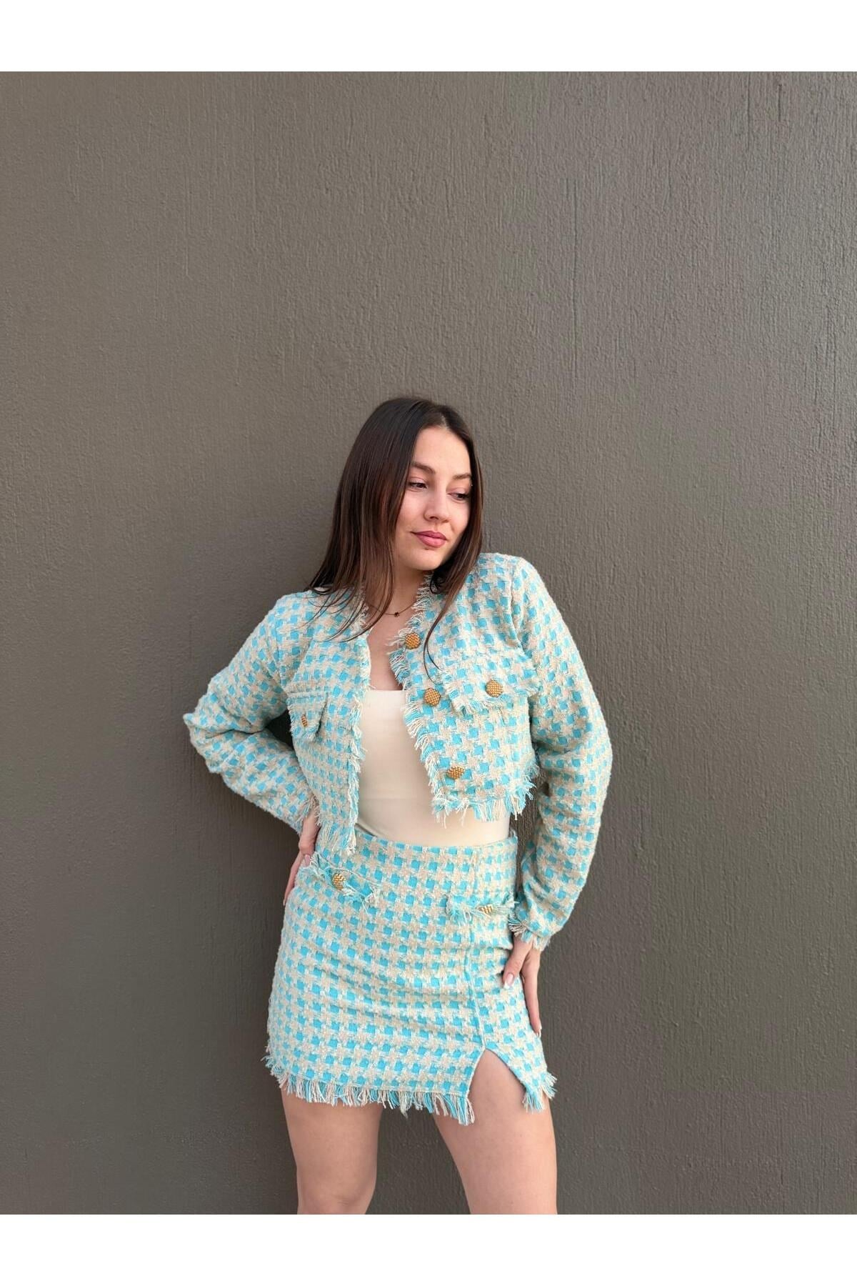Gold Düğmeli Tweed Ceket & Mini Etek Takım – Turkuaz