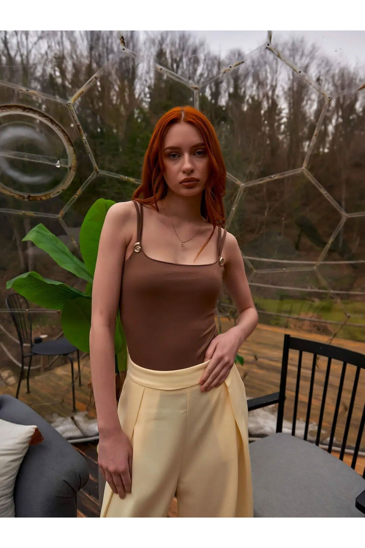 Kadın Askılı Slim Fit Bodysuit Metal Detaylı Şık Yazlık Bodysuit