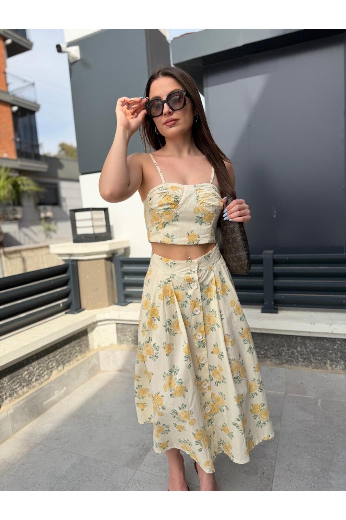 Kadın Çiçek Desenli Crop Bluz & Midi Etek Takım