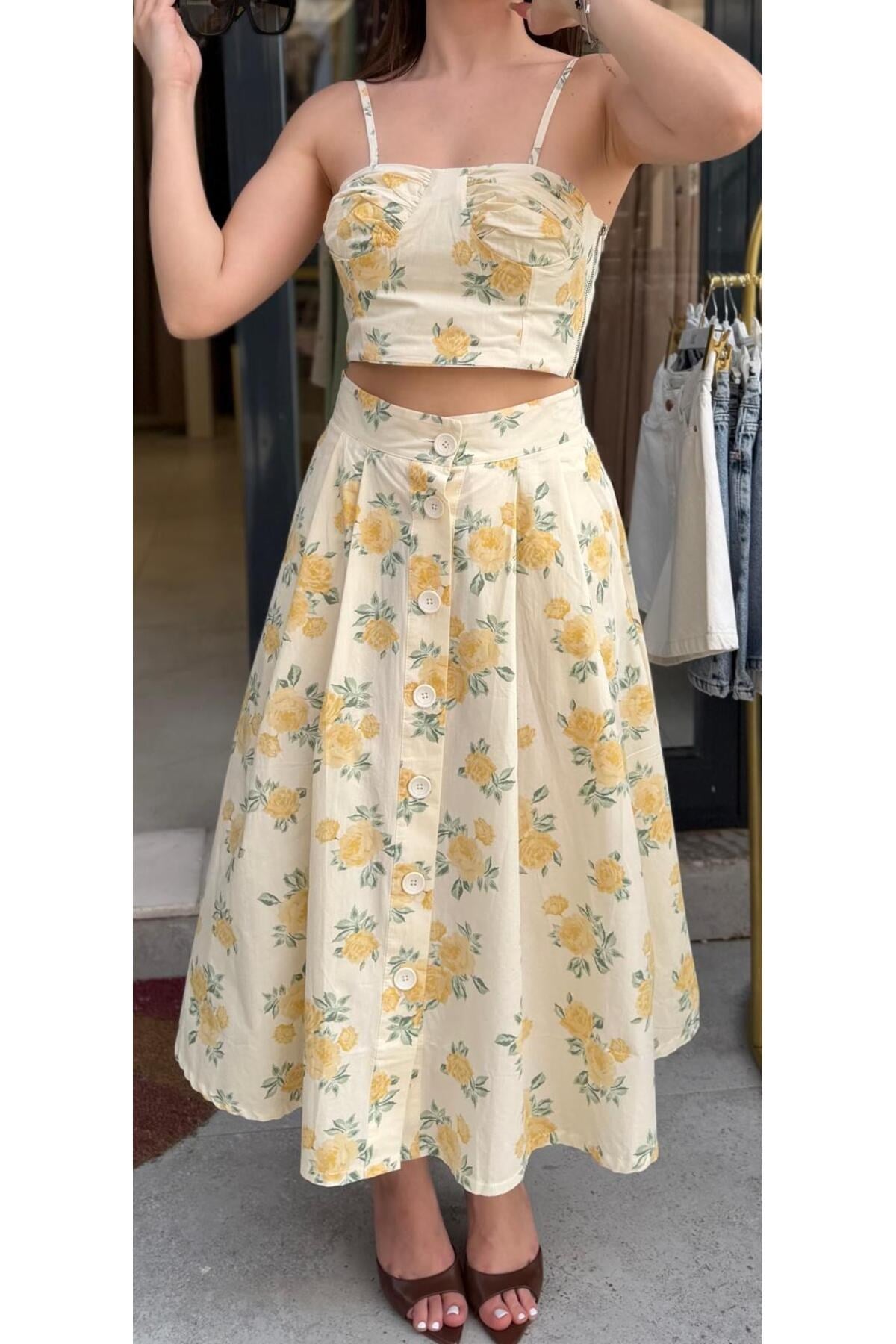 Kadın Çiçek Desenli Crop Bluz & Midi Etek Takım