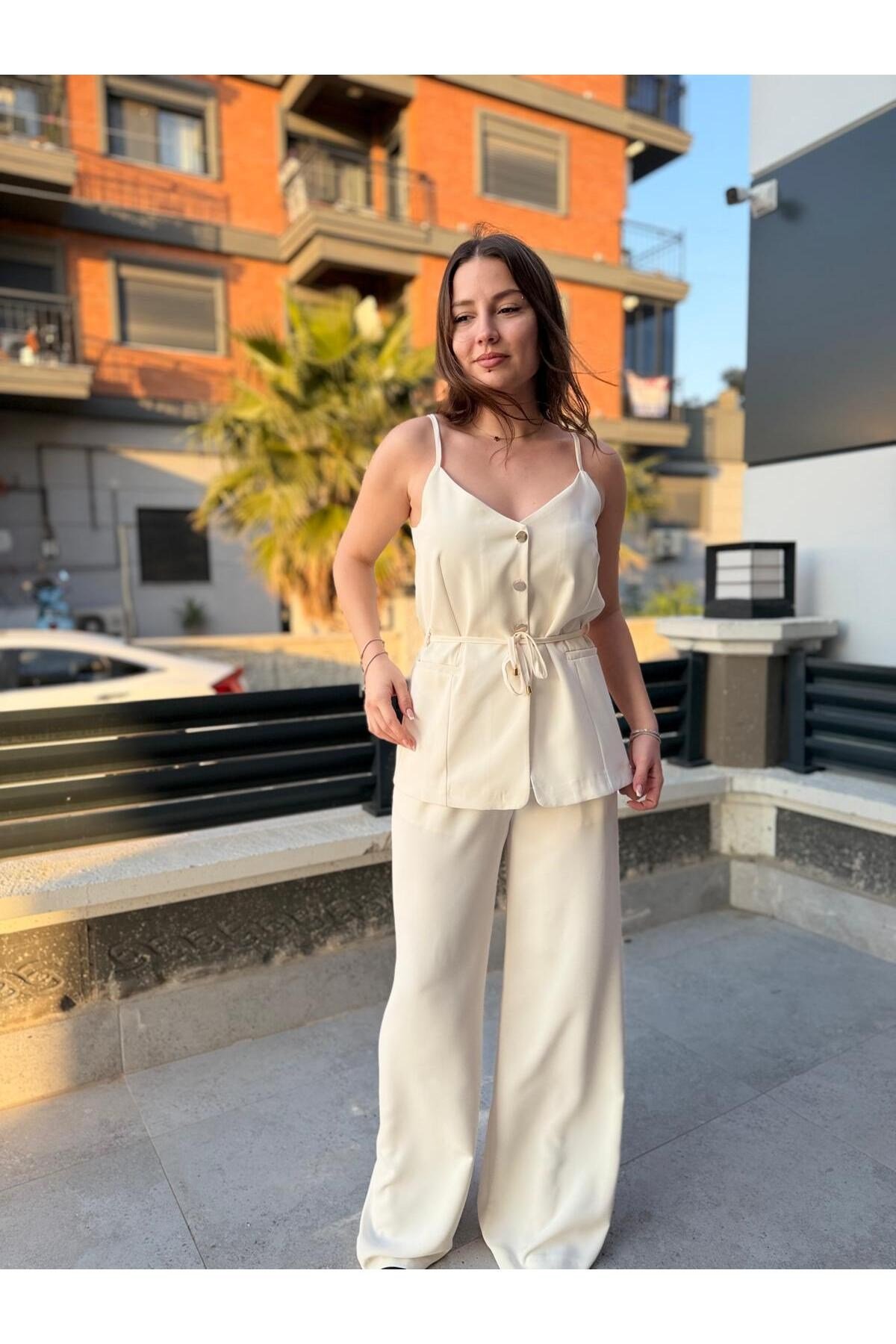 Kadın Ekru Askılı Düğme Detaylı Kuşaklı Yelek Şık Yazlık Yelek