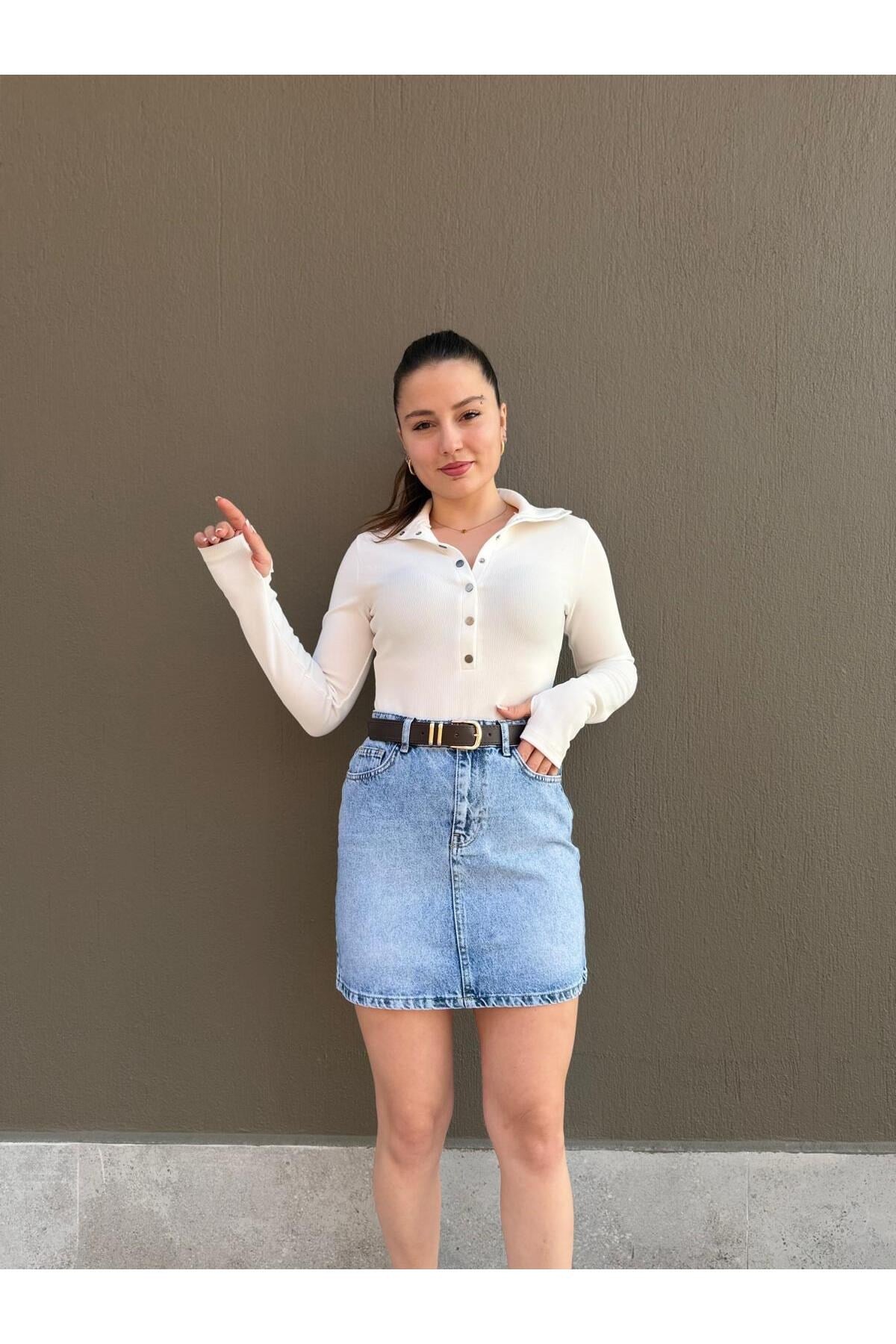 Kadın Fitilli Düğmeli Uzun Kollu Bluz Slim Fit Basic Bluz