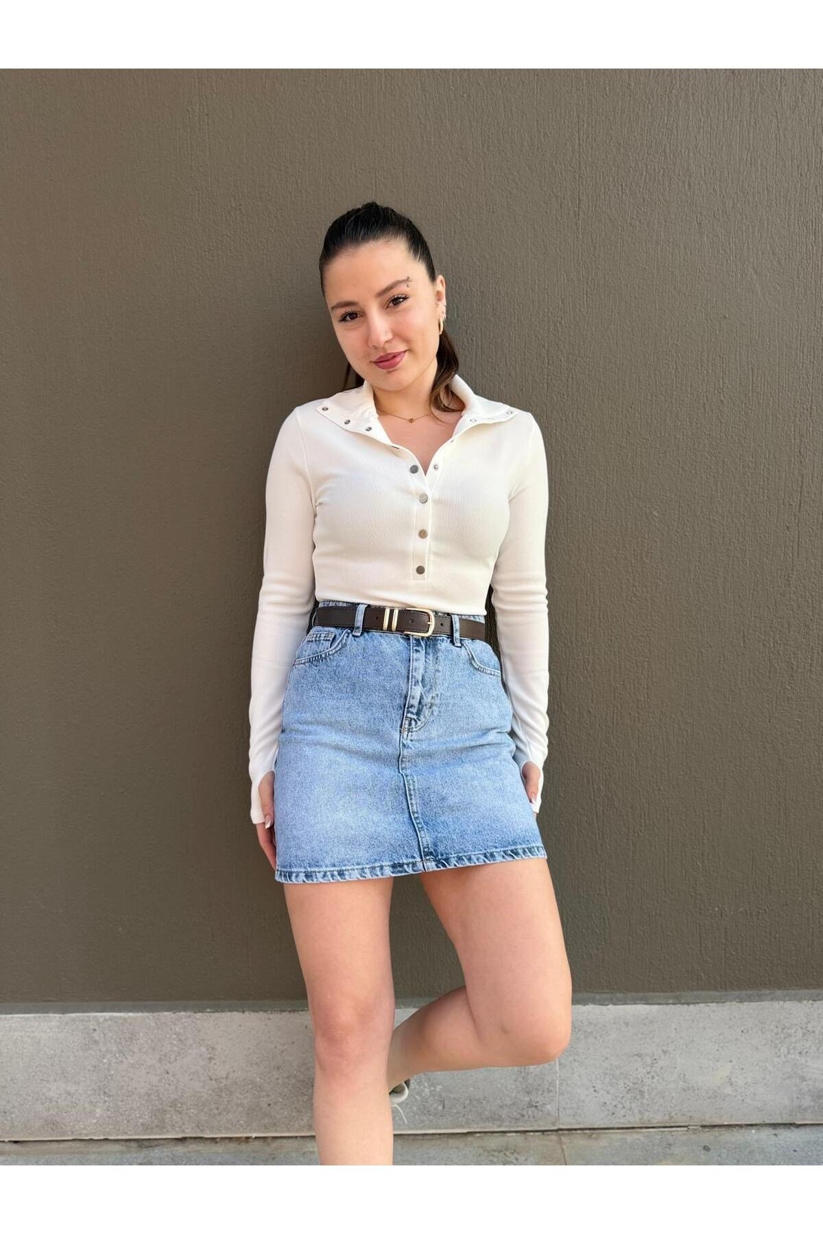 Kadın Fitilli Düğmeli Uzun Kollu Bluz Slim Fit Basic Bluz