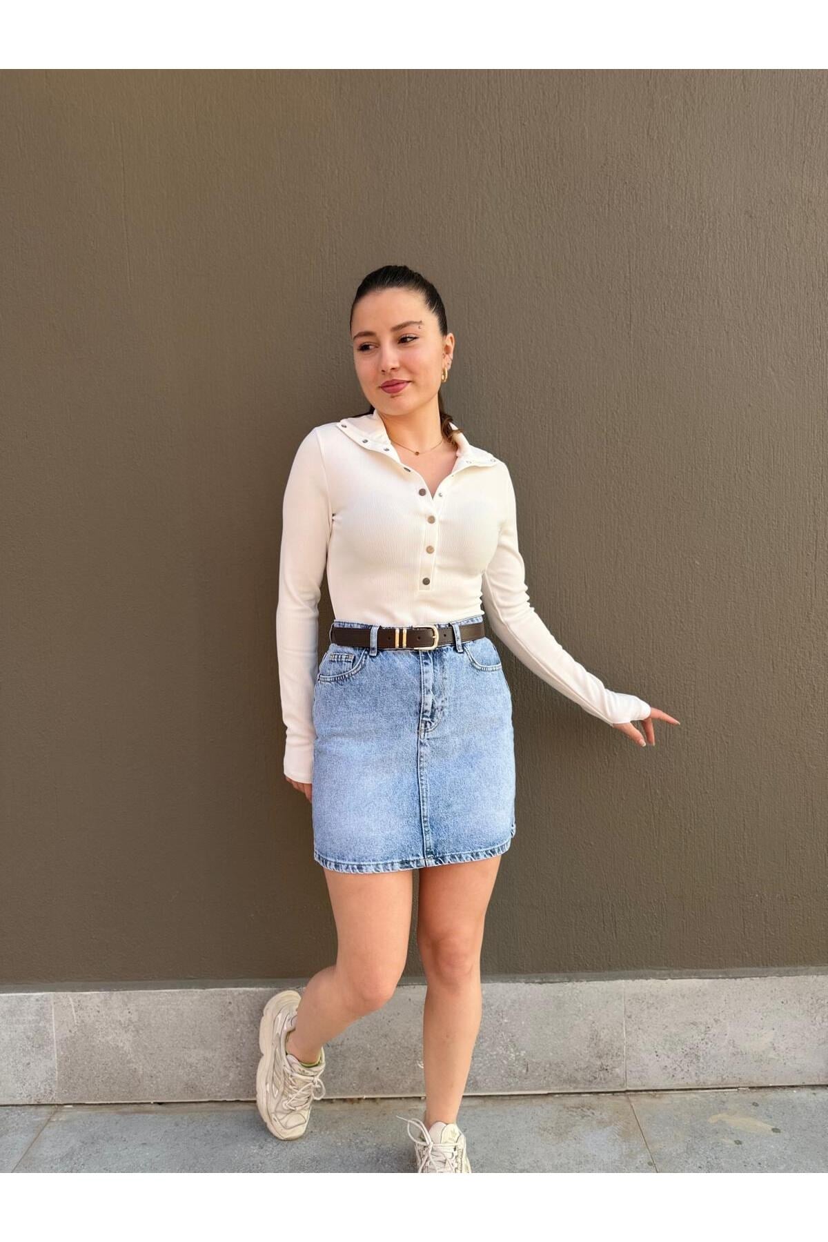 Kadın Fitilli Düğmeli Uzun Kollu Bluz Slim Fit Basic Bluz