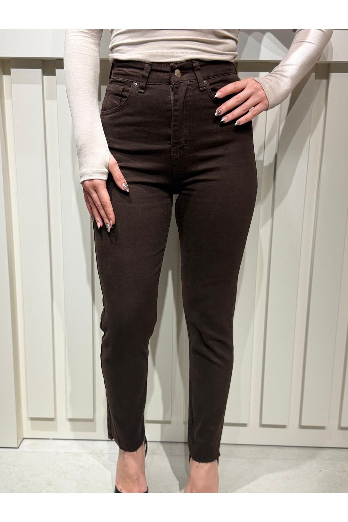 Kadın Kahverengi Yüksek Bel Skinny Fit Kot Pantolon