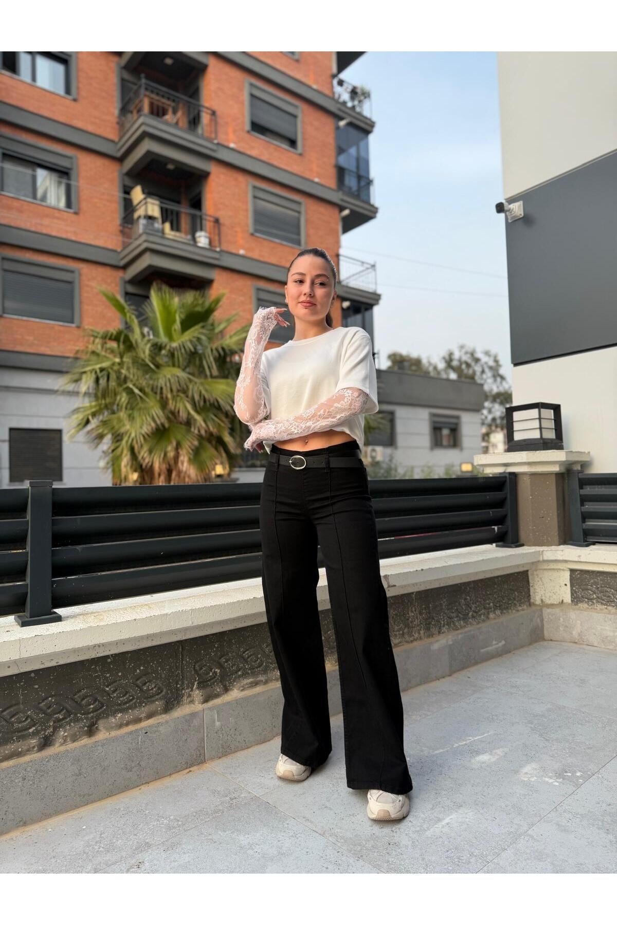 Kadın Kemerli Beli Lastikli Wide Leg Jean Pantolon Yüksek Bel Bol Paça Siyah Rahat Kesim Pantolon