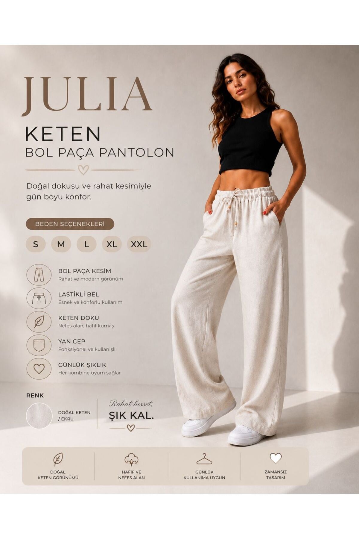 Kadın Keten Pantolon Beli Lastikli Bağcıklı