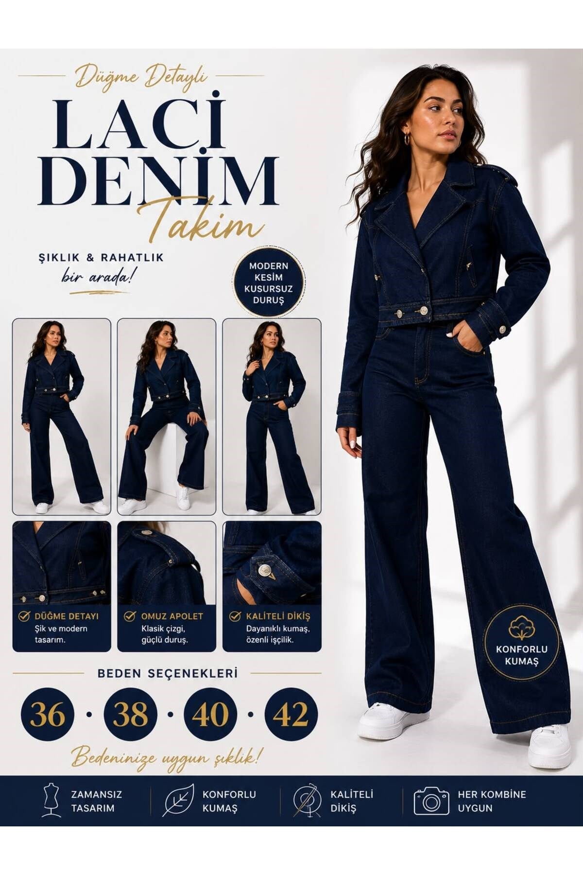 Kadın Lacivert Denim Takım – Düğme Detaylı Crop Ceket & Yüksek Bel Bol Paça Jean Pantolon